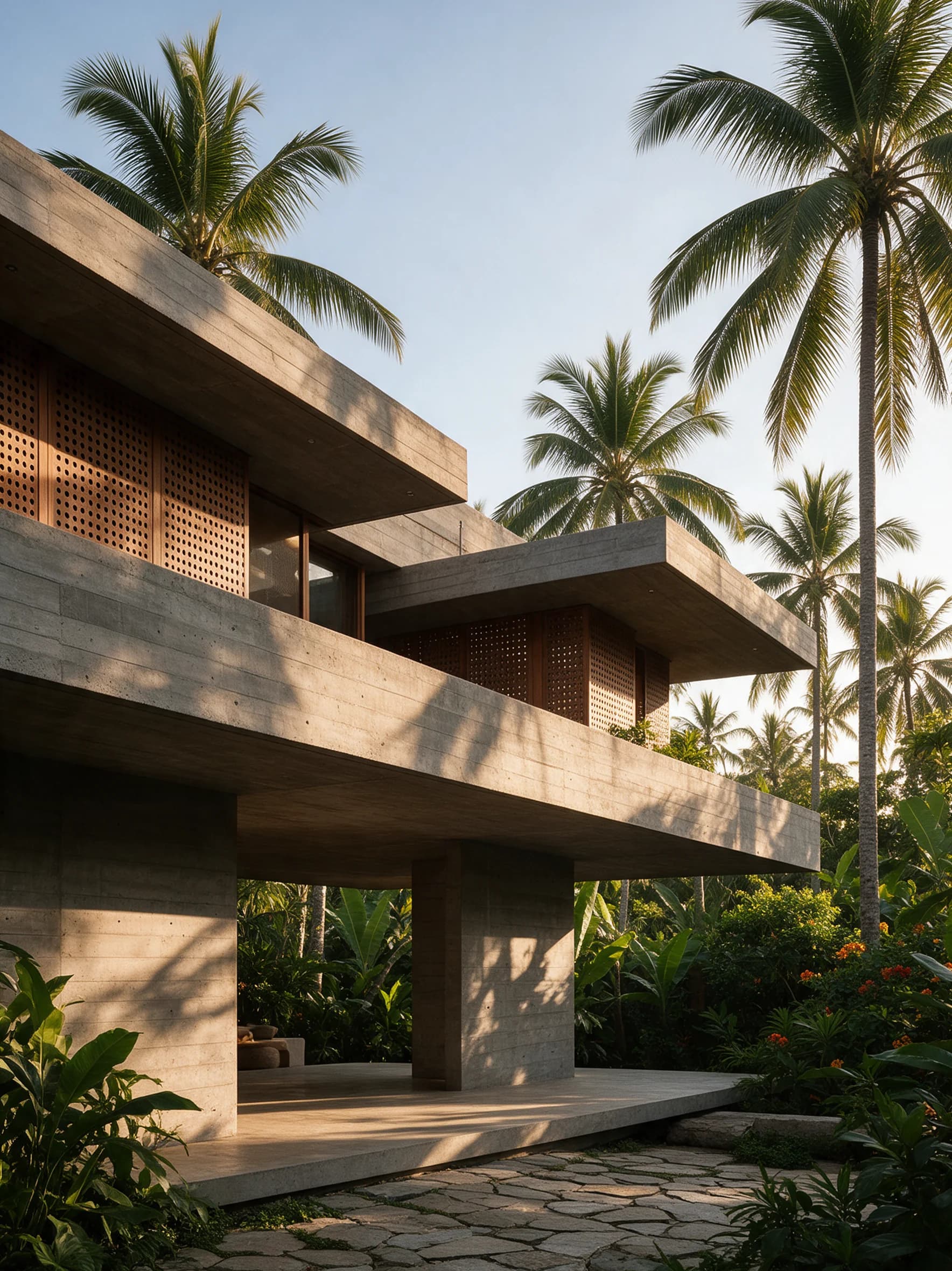 Brutalist tropical architecture in Bali with palms