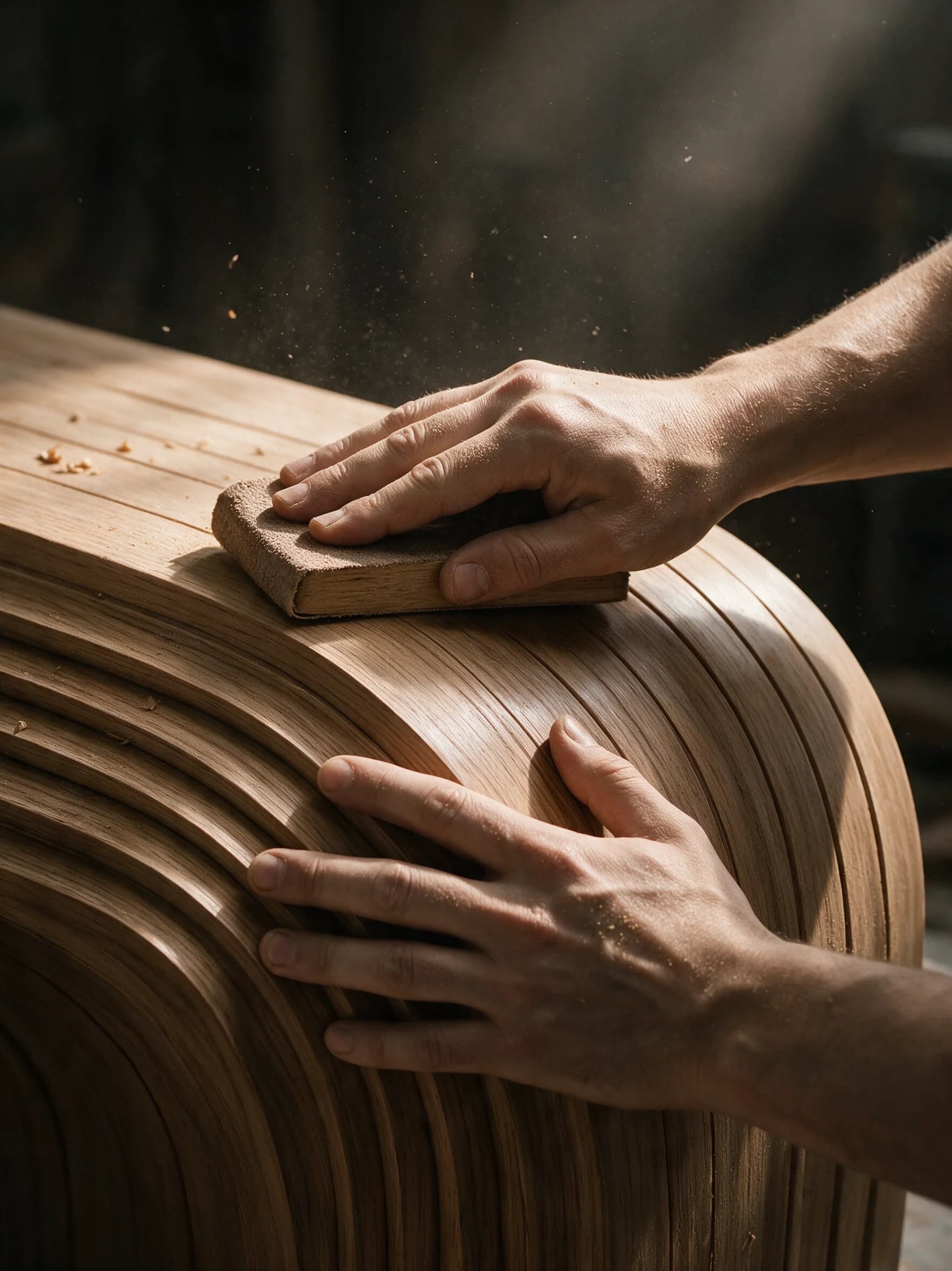 Hands hand-finishing a layered teak surface