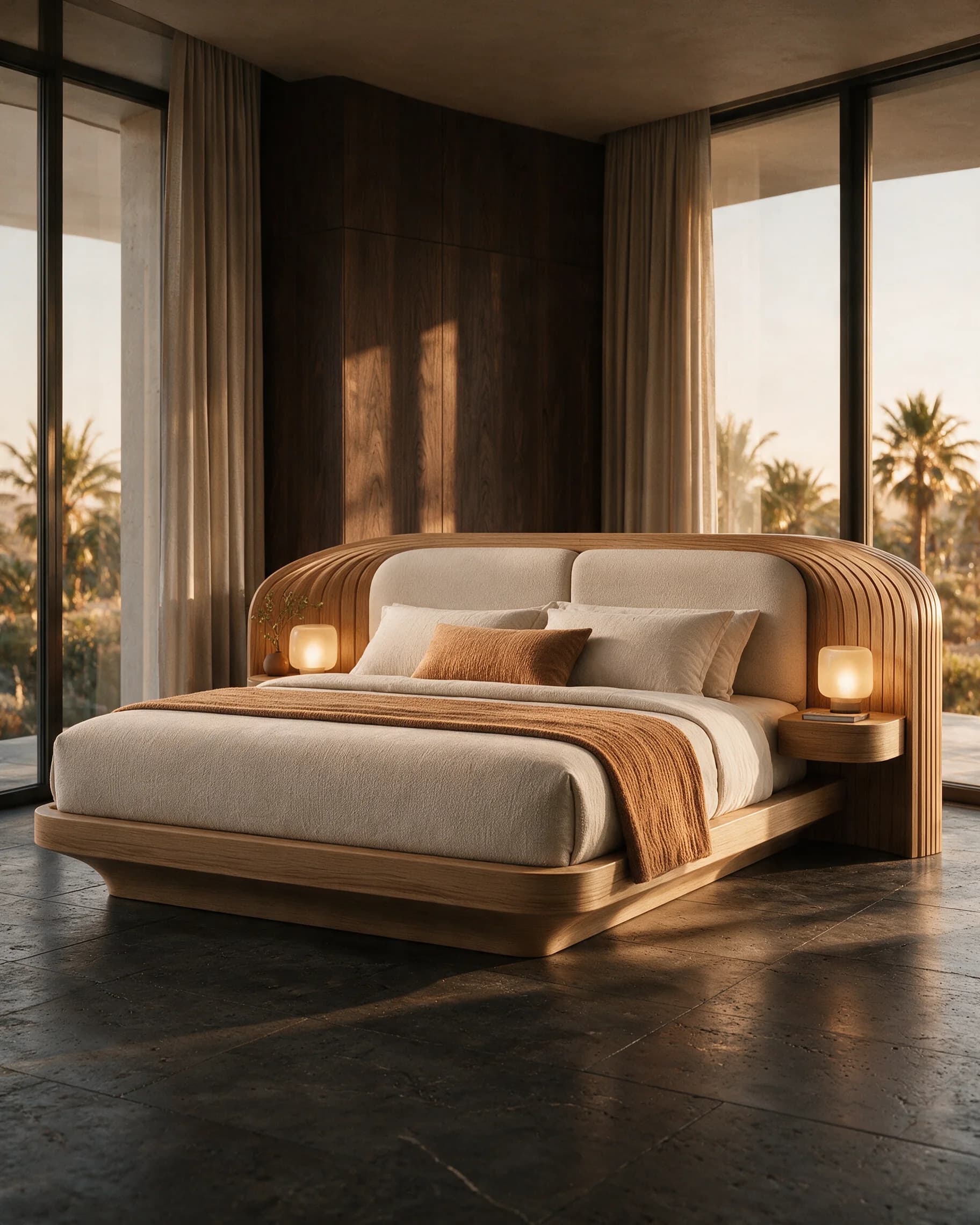 Bed with upholstered headboard in a warm hotel room