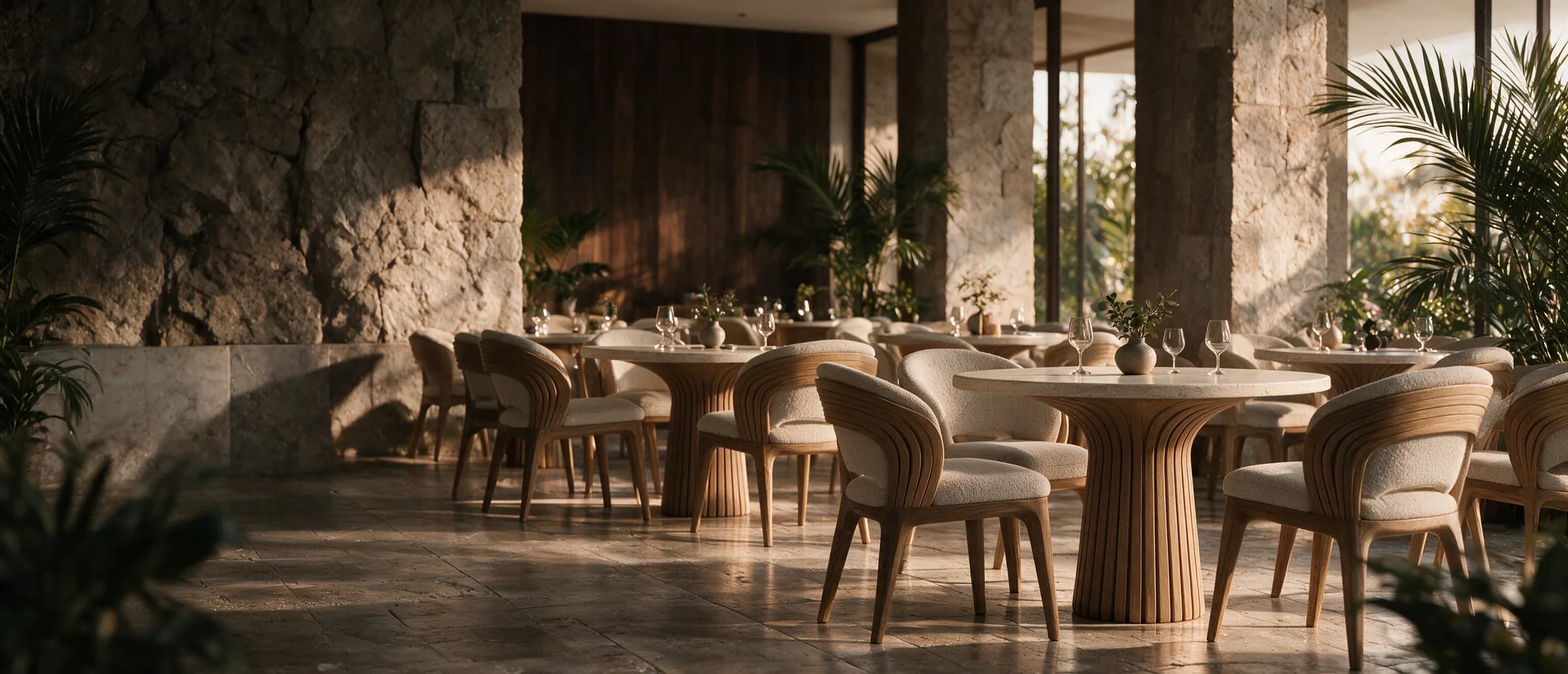 Restaurant with Hospitality Dining Chairs and Restaurant Tables in golden light