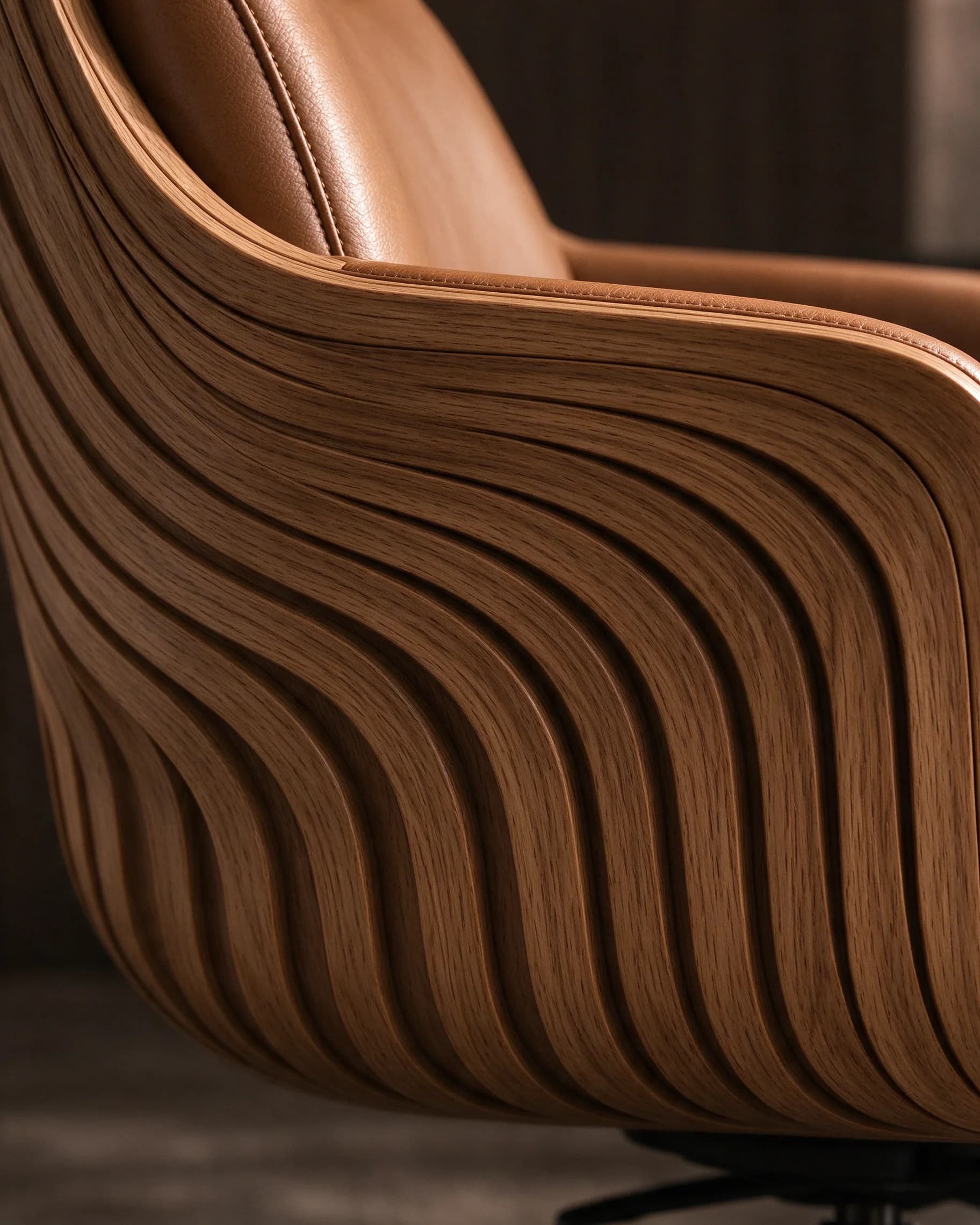 Executive Chair, detail of the layered teak