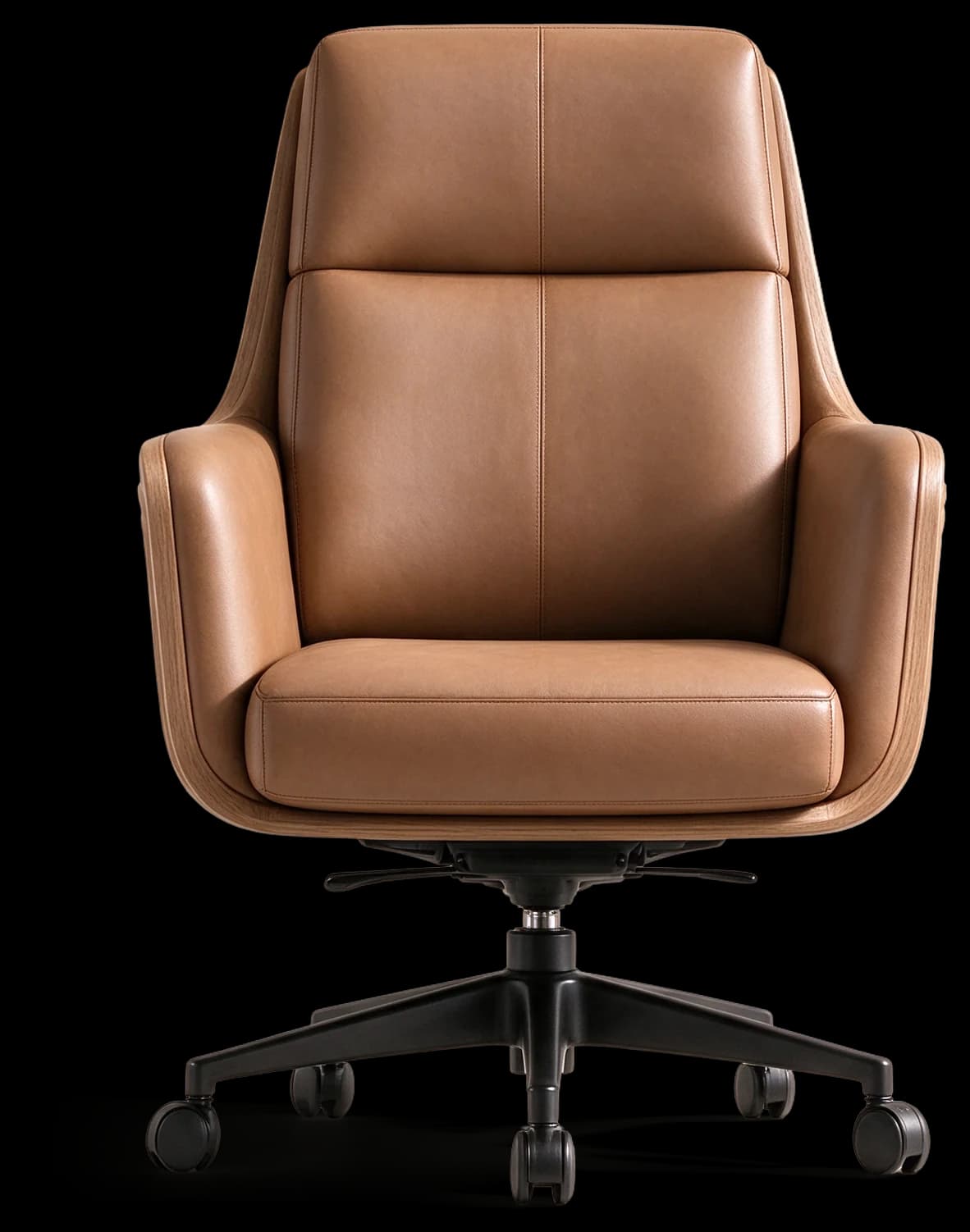 Executive Chair in cognac leather with layered teak shell, front view