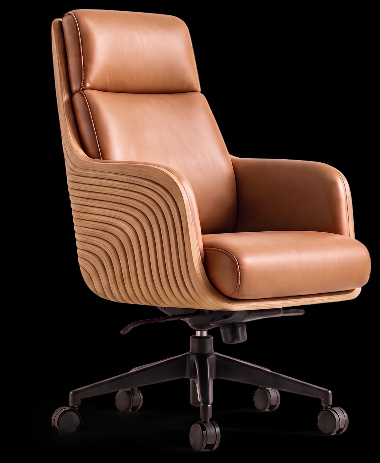 Executive Chair in cognac leather with layered teak shell, three-quarter view