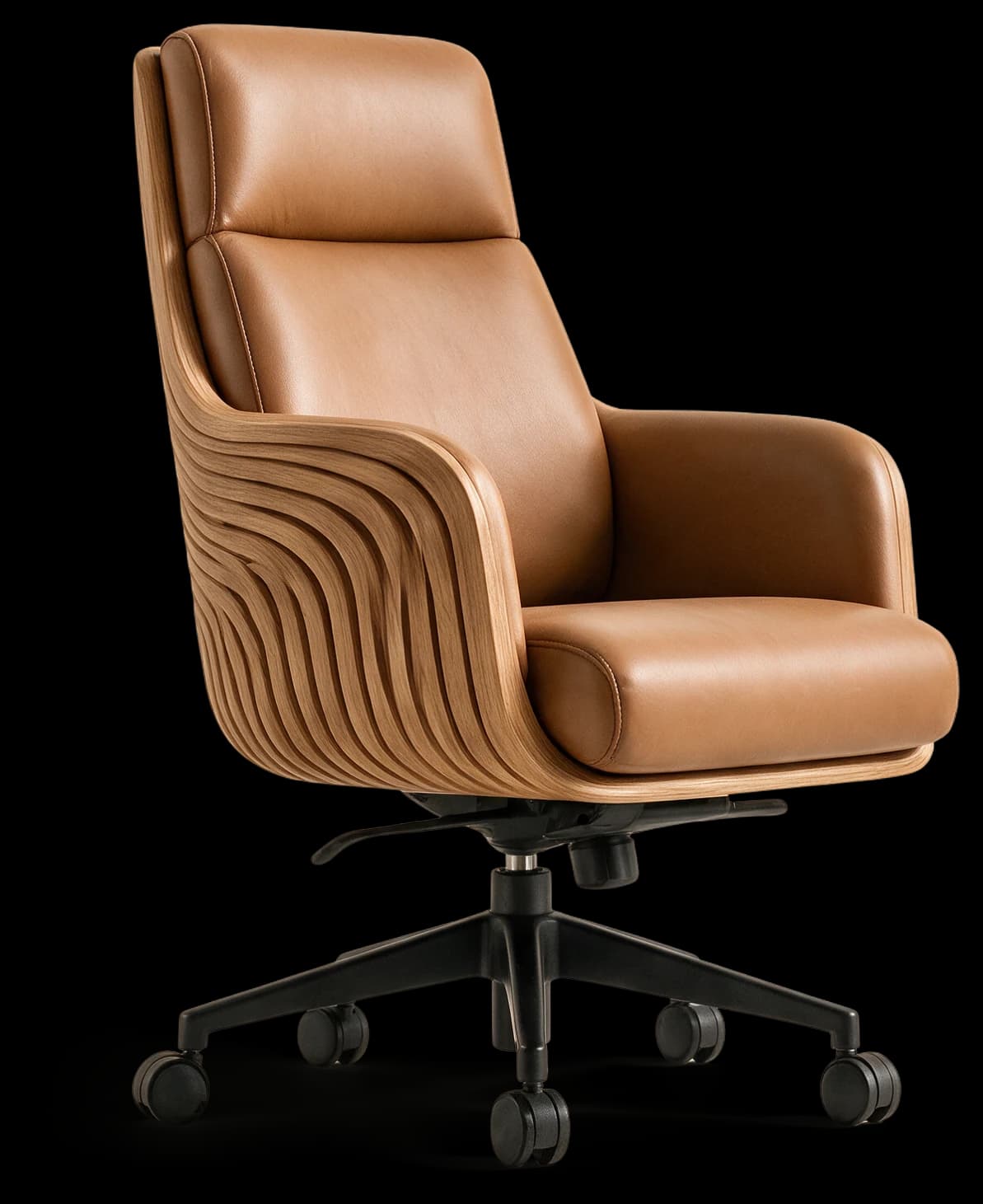 Executive Chair in cognac leather with layered teak shell, three-quarter view