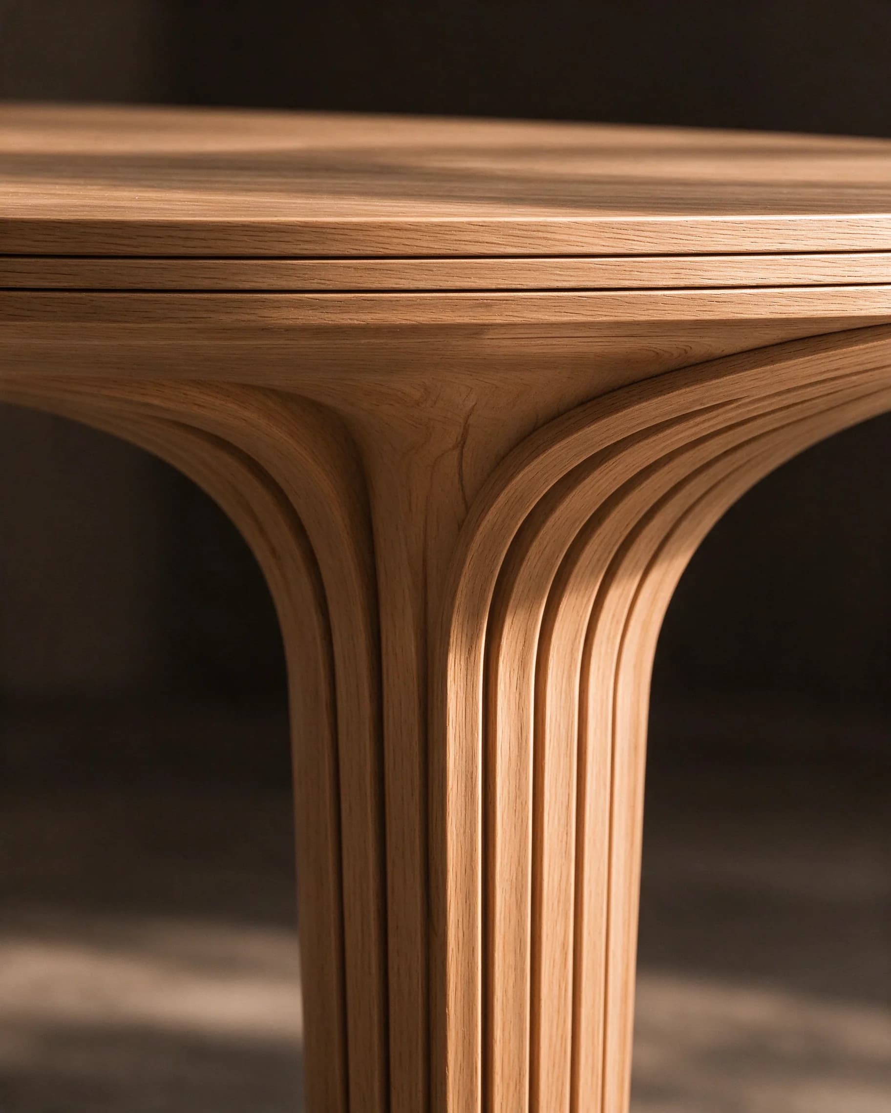 Dining Table, detail of the layered teak