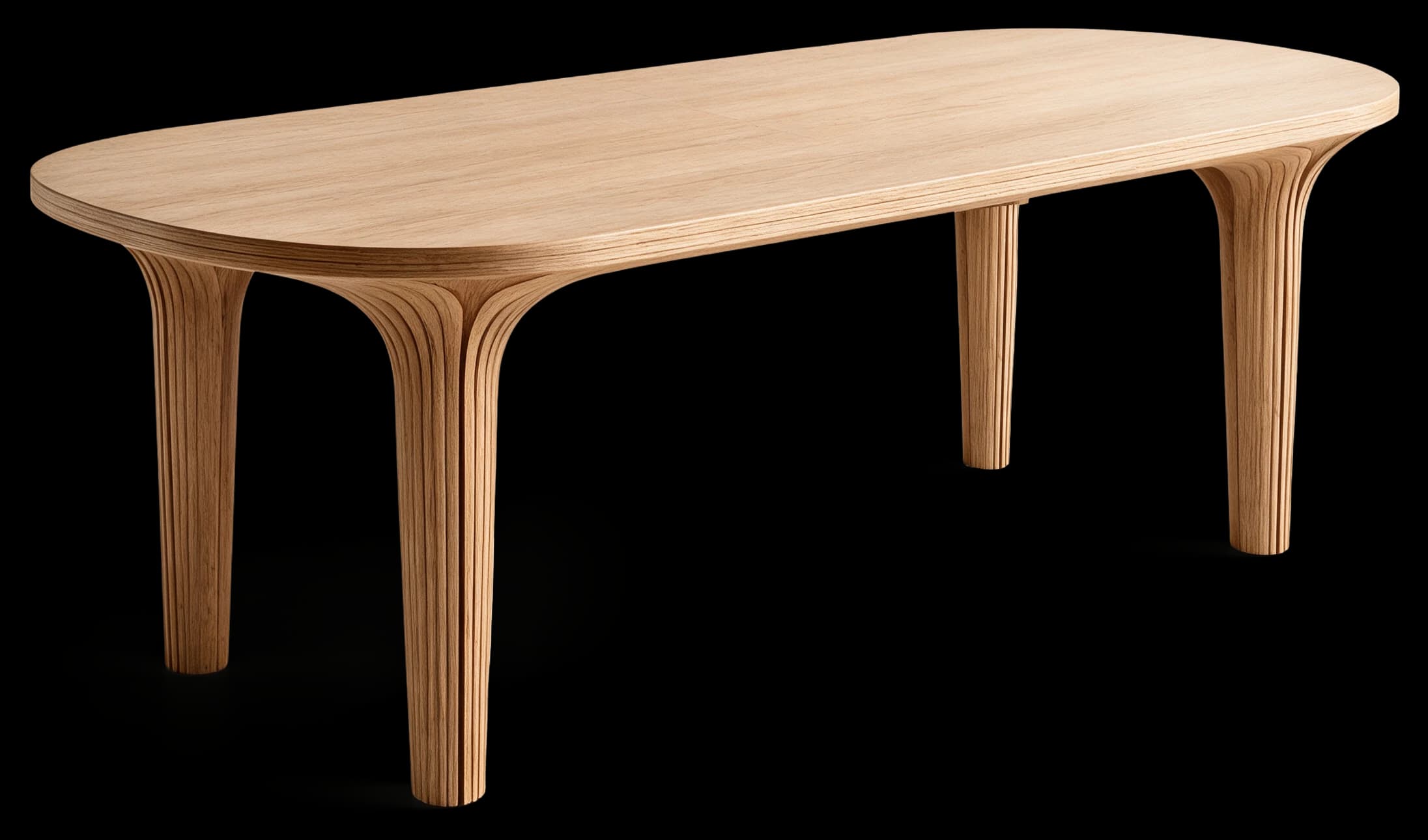 Dining Table in Light Oak with splayed sculptural legs, three-quarter view