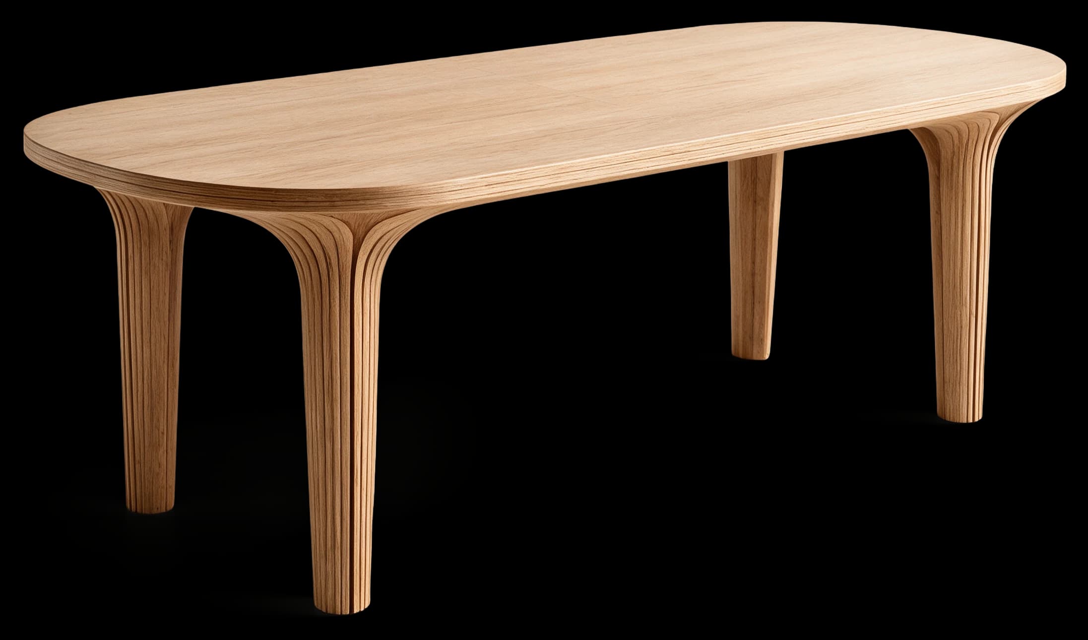 Dining Table in Light Oak with splayed sculptural legs, three-quarter view