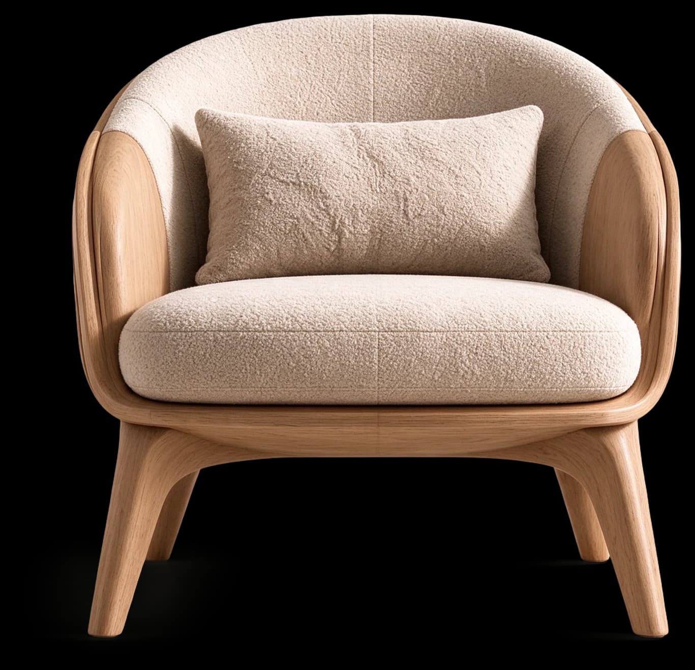 Lounge Chair in Light Oak with bouclé upholstery, front view