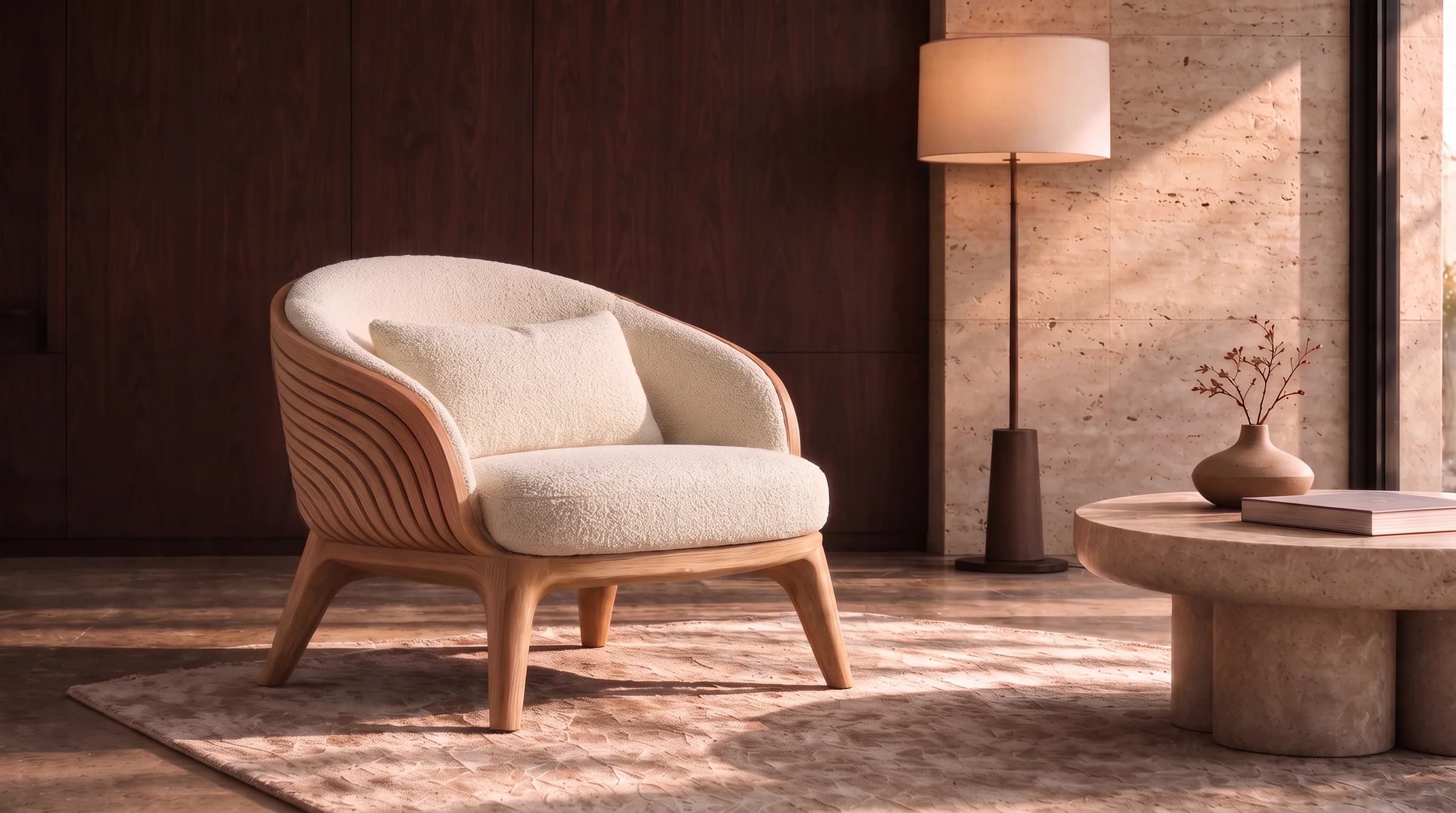 De Lounge Chair met een teakhouten schaal met lamellen en ivoorkleurig bouclé, naast een stenen bijzettafel