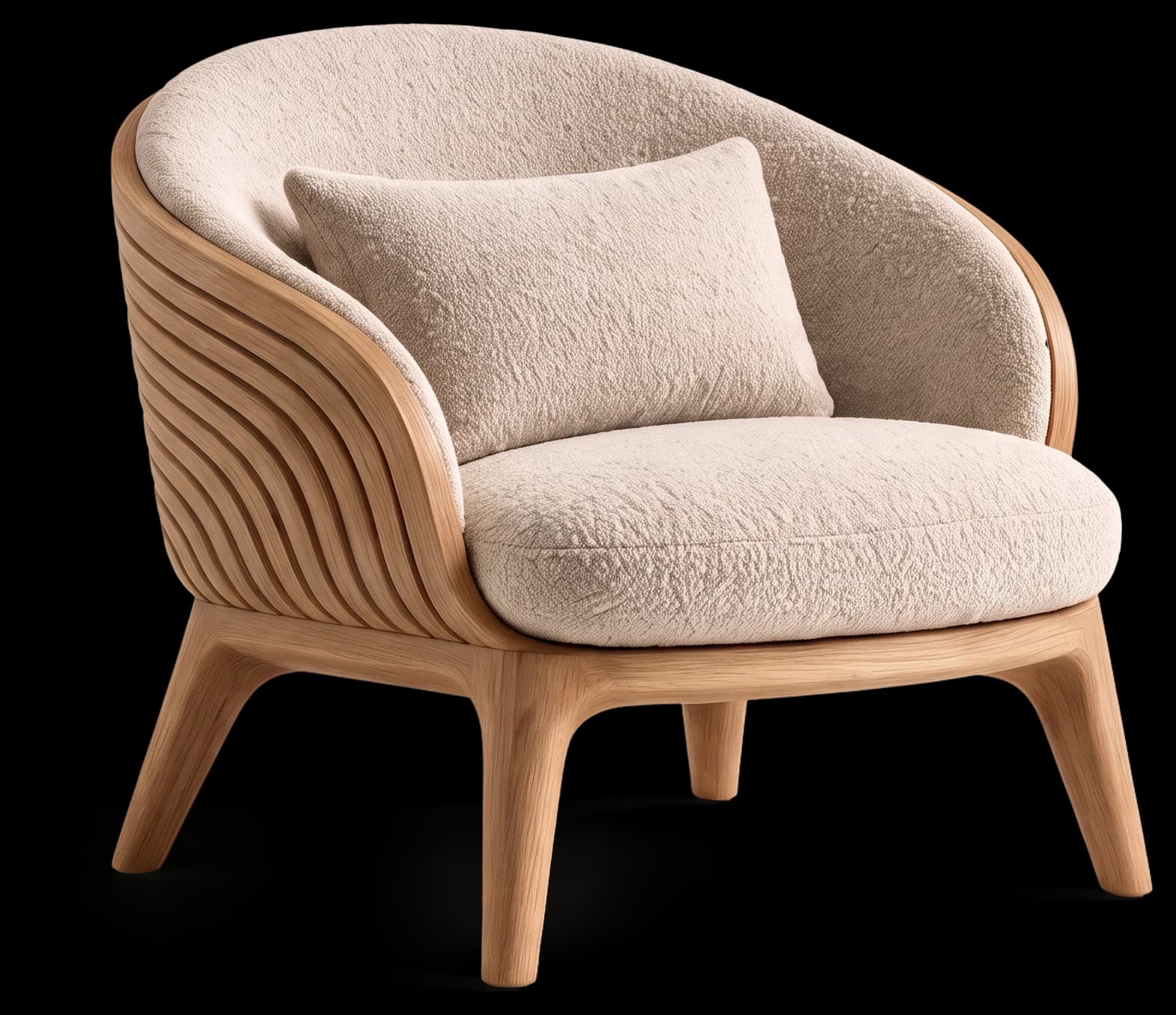 Lounge Chair in Light Oak with bouclé upholstery, three-quarter view