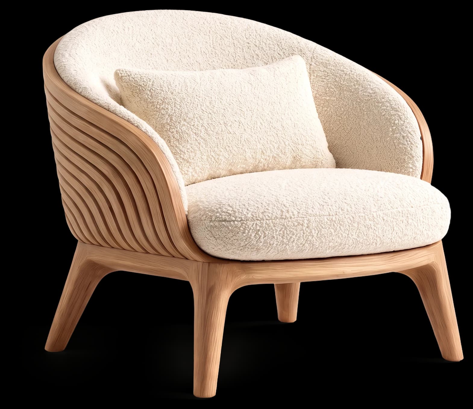 Lounge Chair in Light Oak with bouclé upholstery, three-quarter view