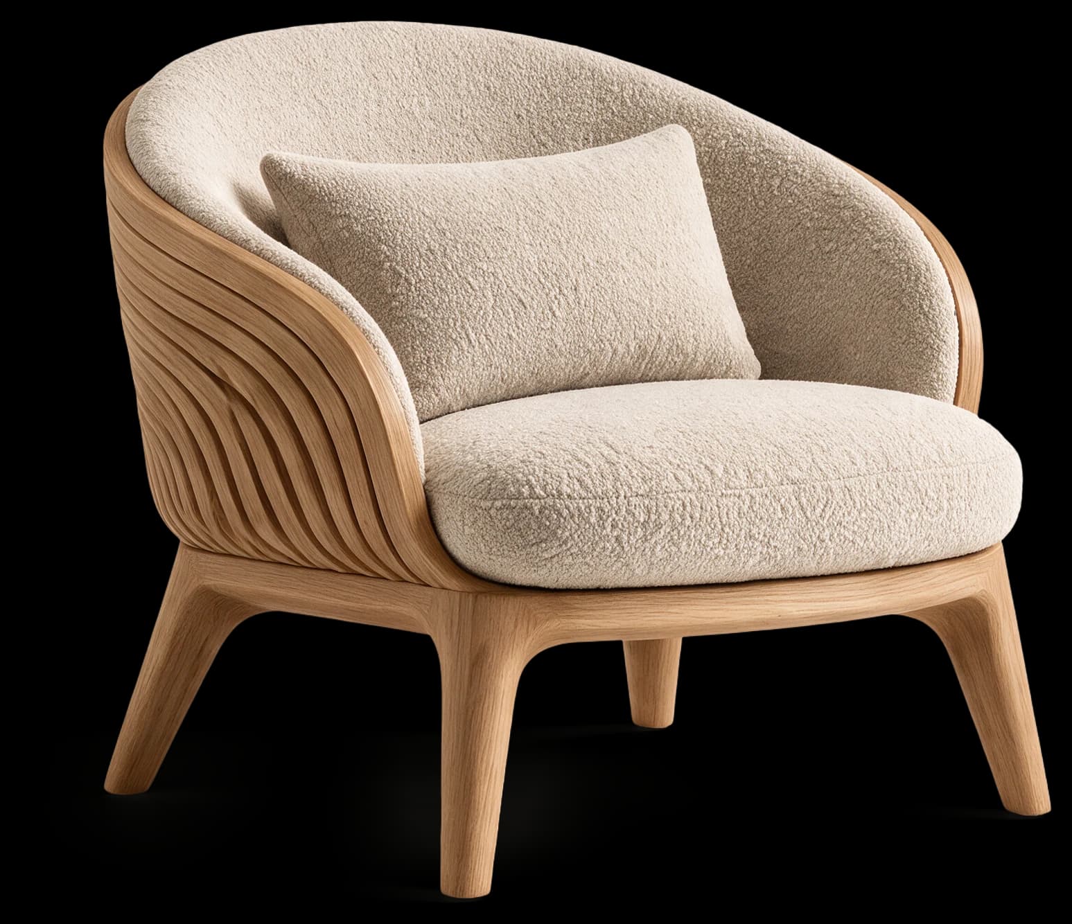Lounge Chair in Light Oak with bouclé upholstery, three-quarter view