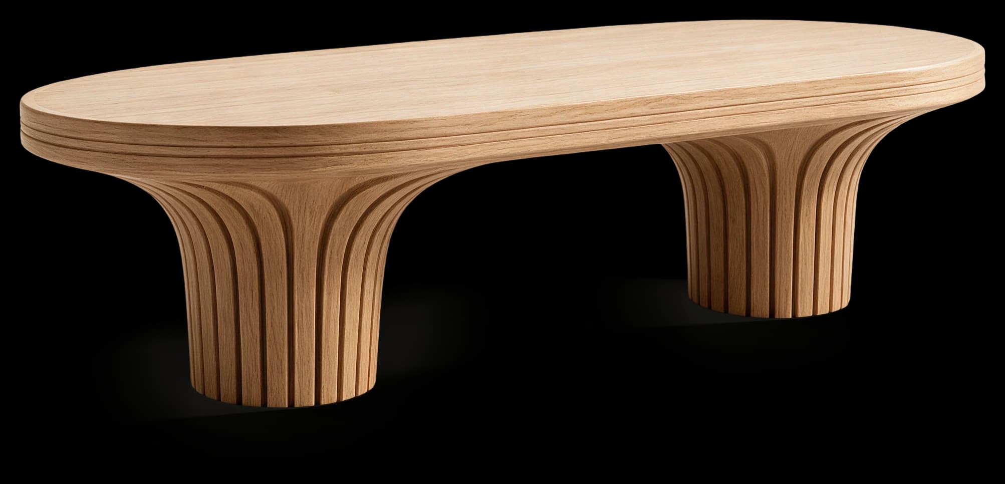 Coffee Table in Light Oak with layered pedestal bases, three-quarter view