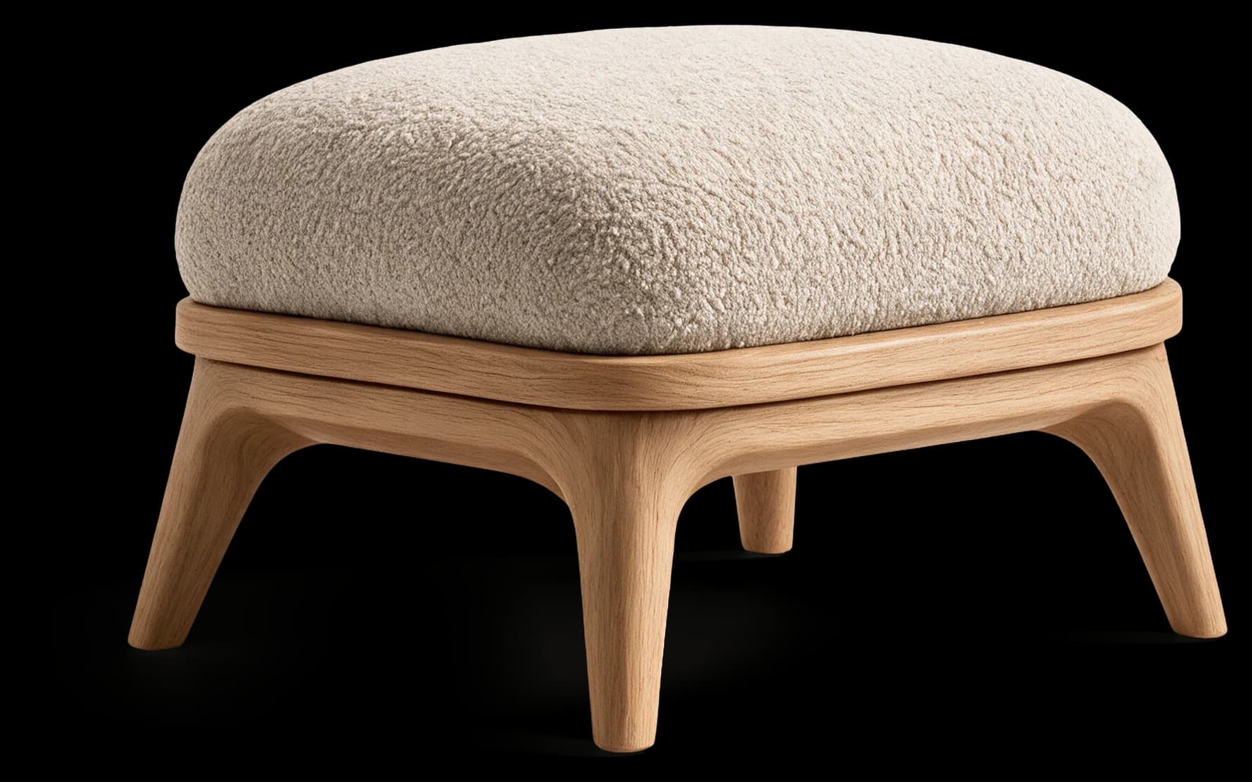 Ottoman in Light Oak with bouclé top, three-quarter view