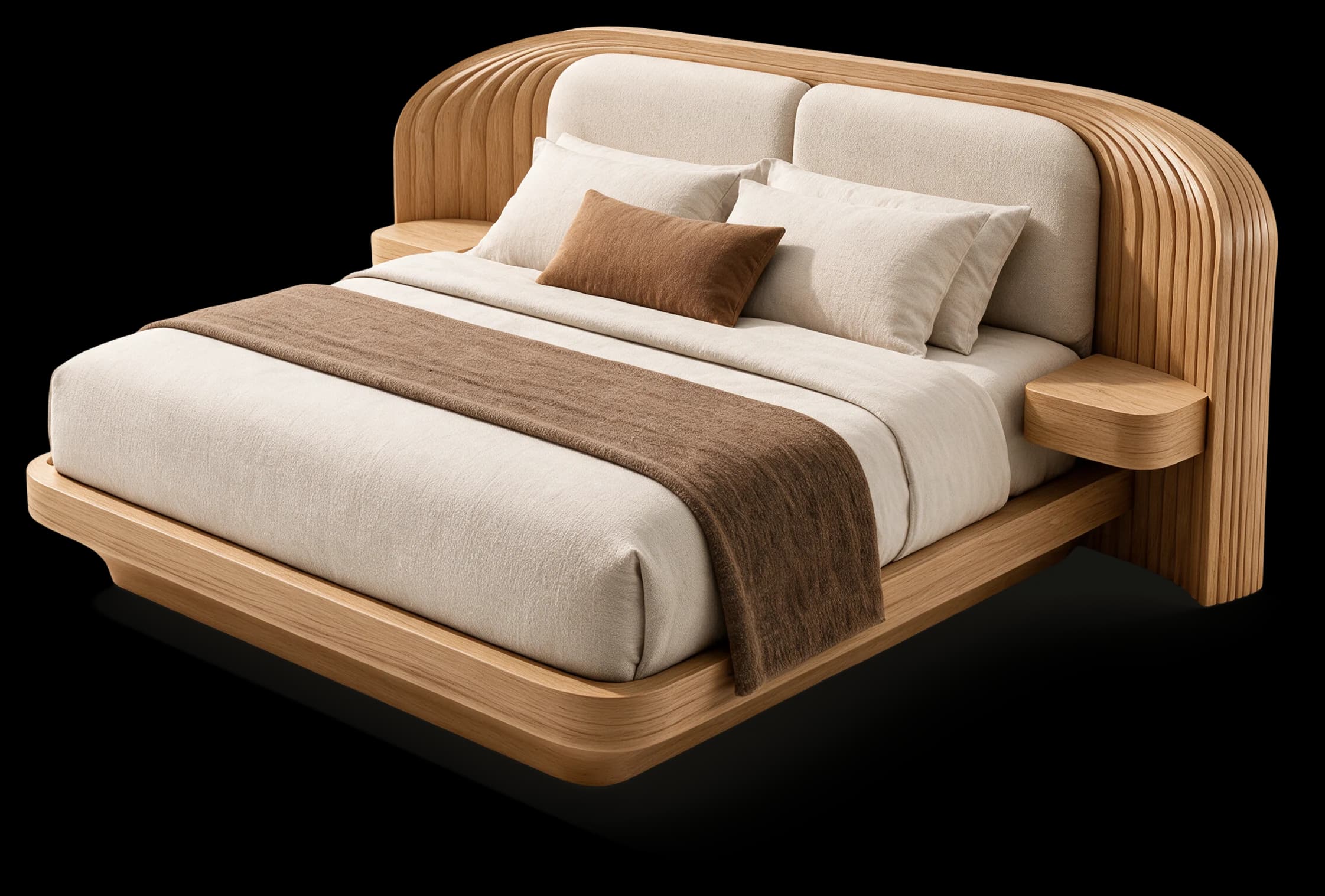 Bed in Light Oak with upholstered headboard and integrated nightstands, three-quarter view