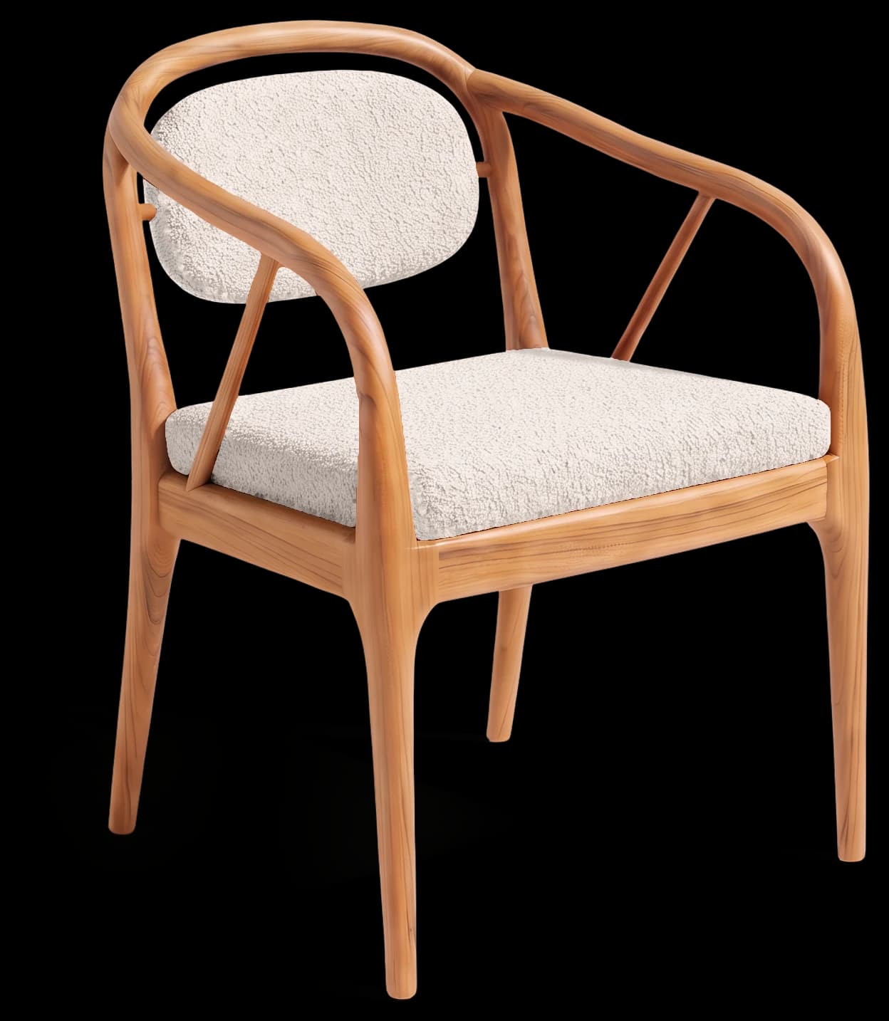 Armchair with upholstered back in Light Oak and Bouclé Ivory, three-quarter view
