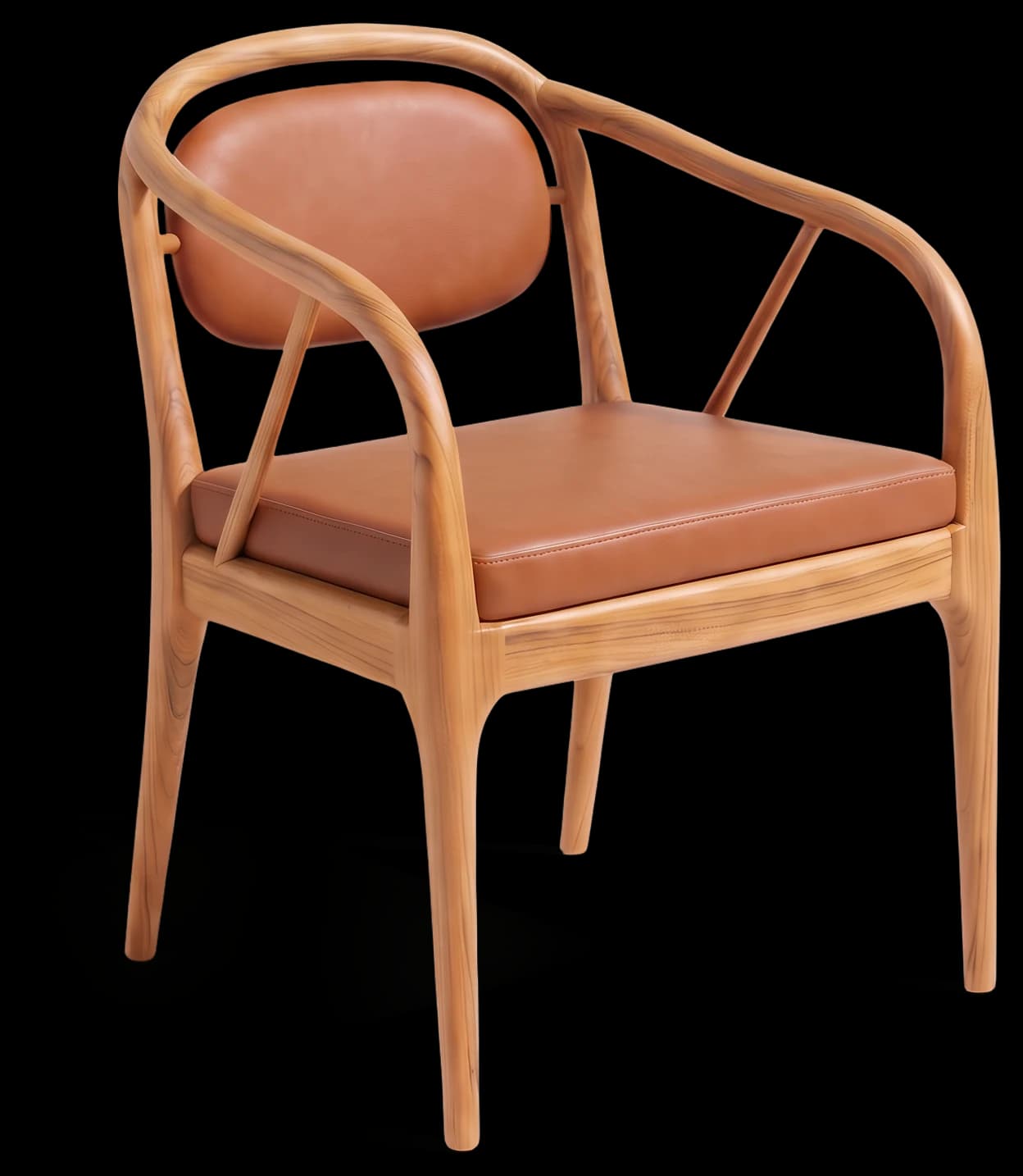 Armchair with upholstered back in Light Oak and Leather Cognac, three-quarter view