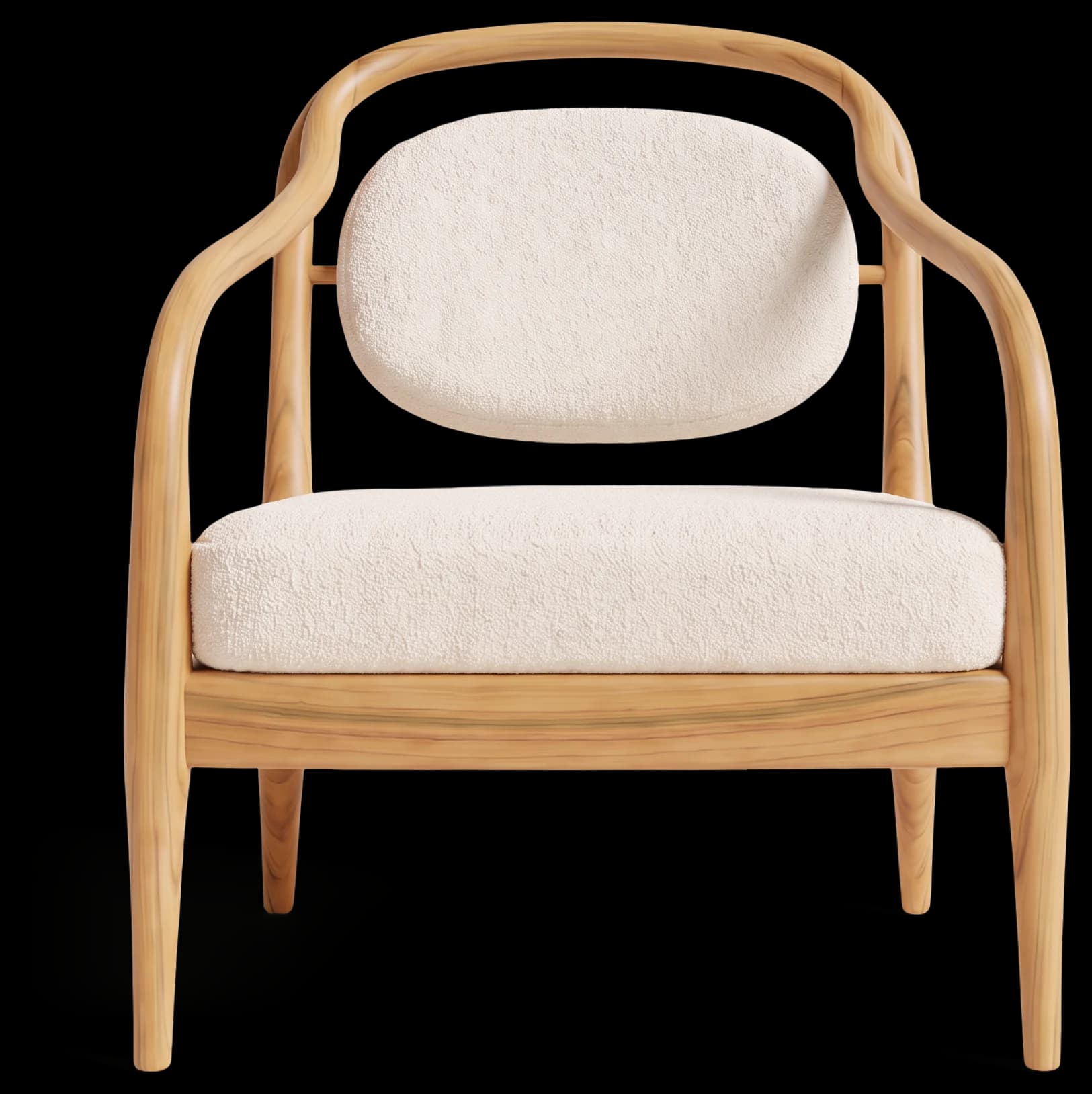 Easy Chair with upholstered back in Light Oak and Bouclé Ivory, front view
