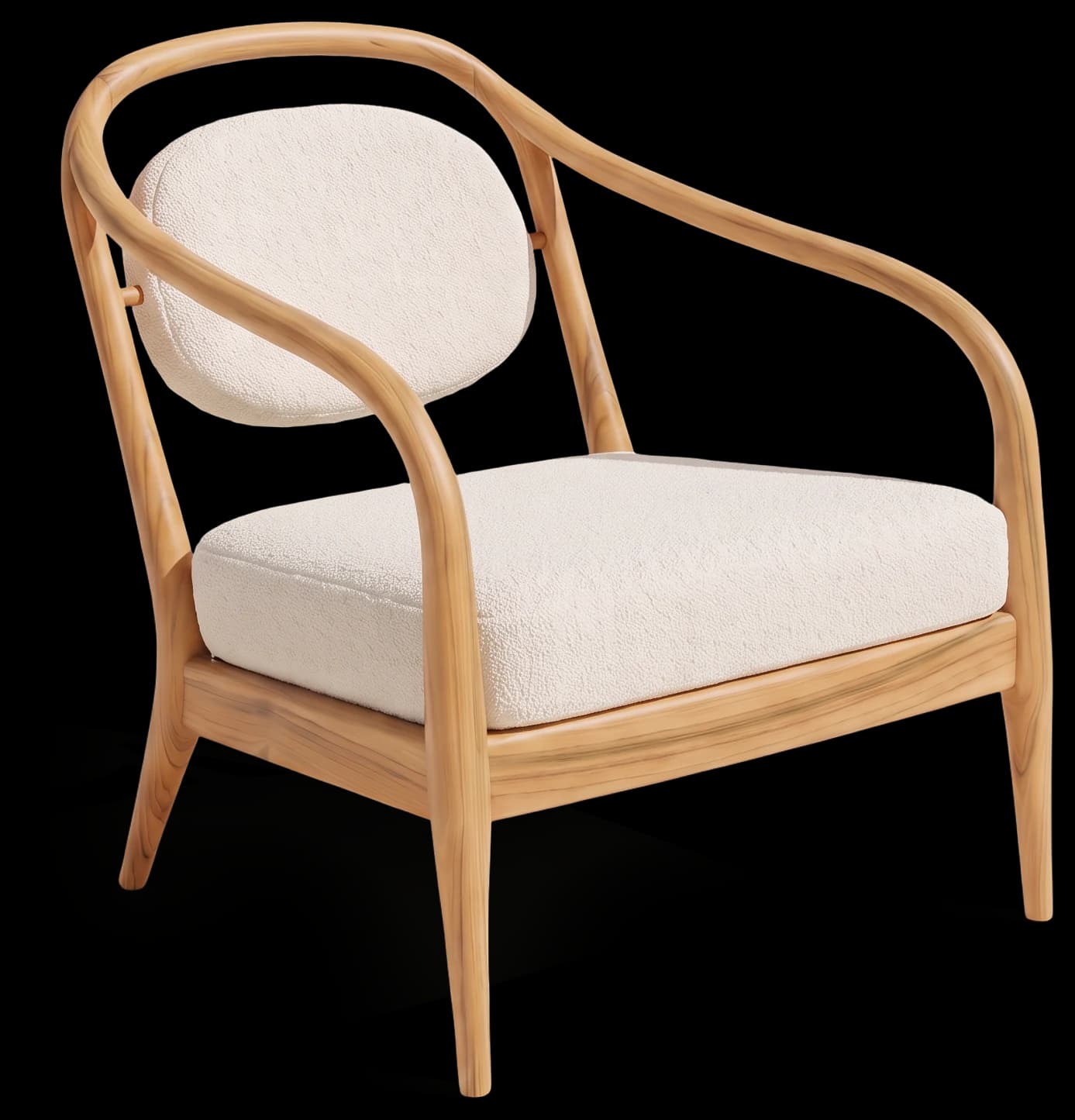 Easy Chair with upholstered back in Light Oak and Bouclé Ivory, three-quarter view