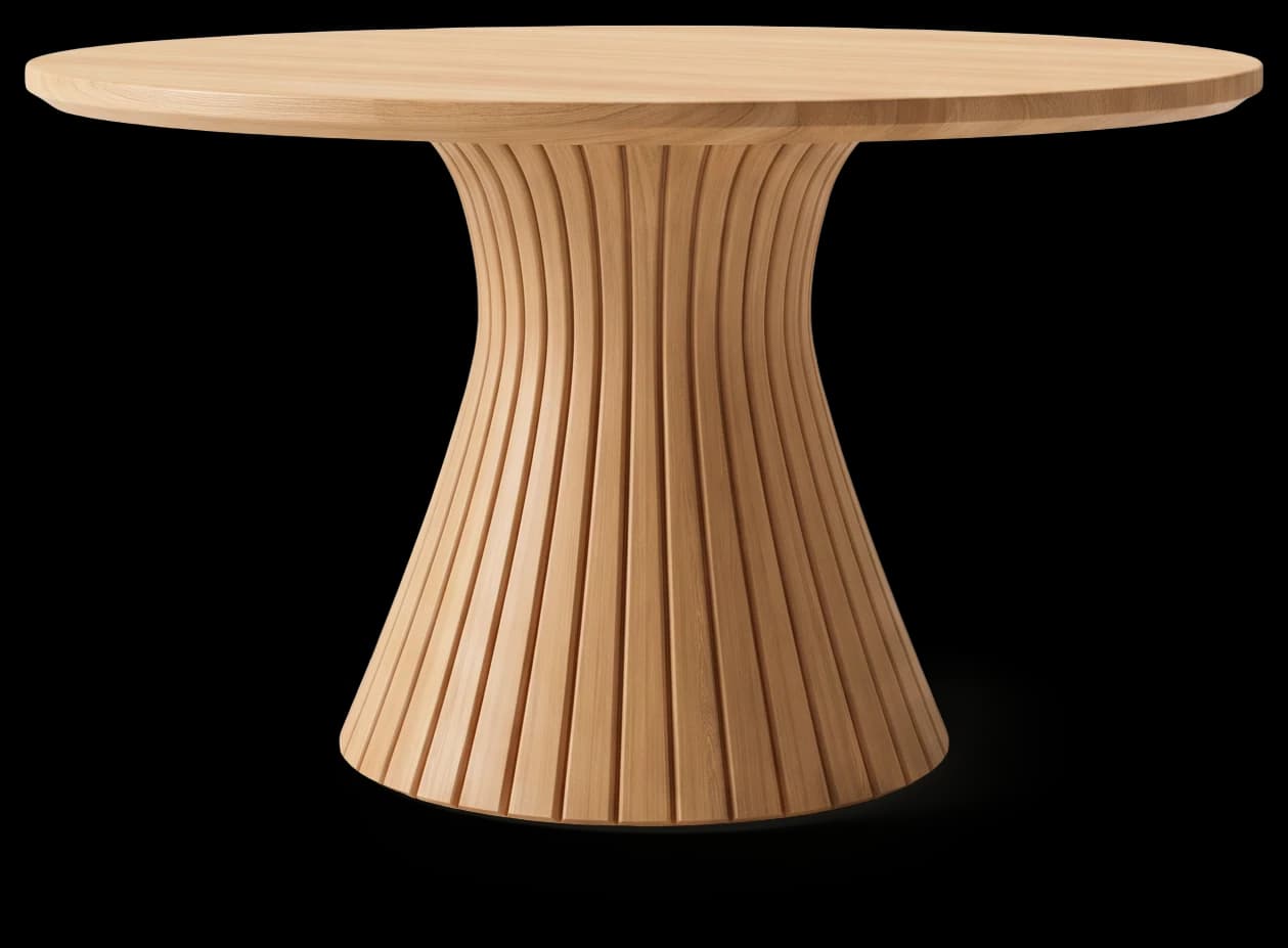 Round Dining Table in Light Oak, three-quarter view
