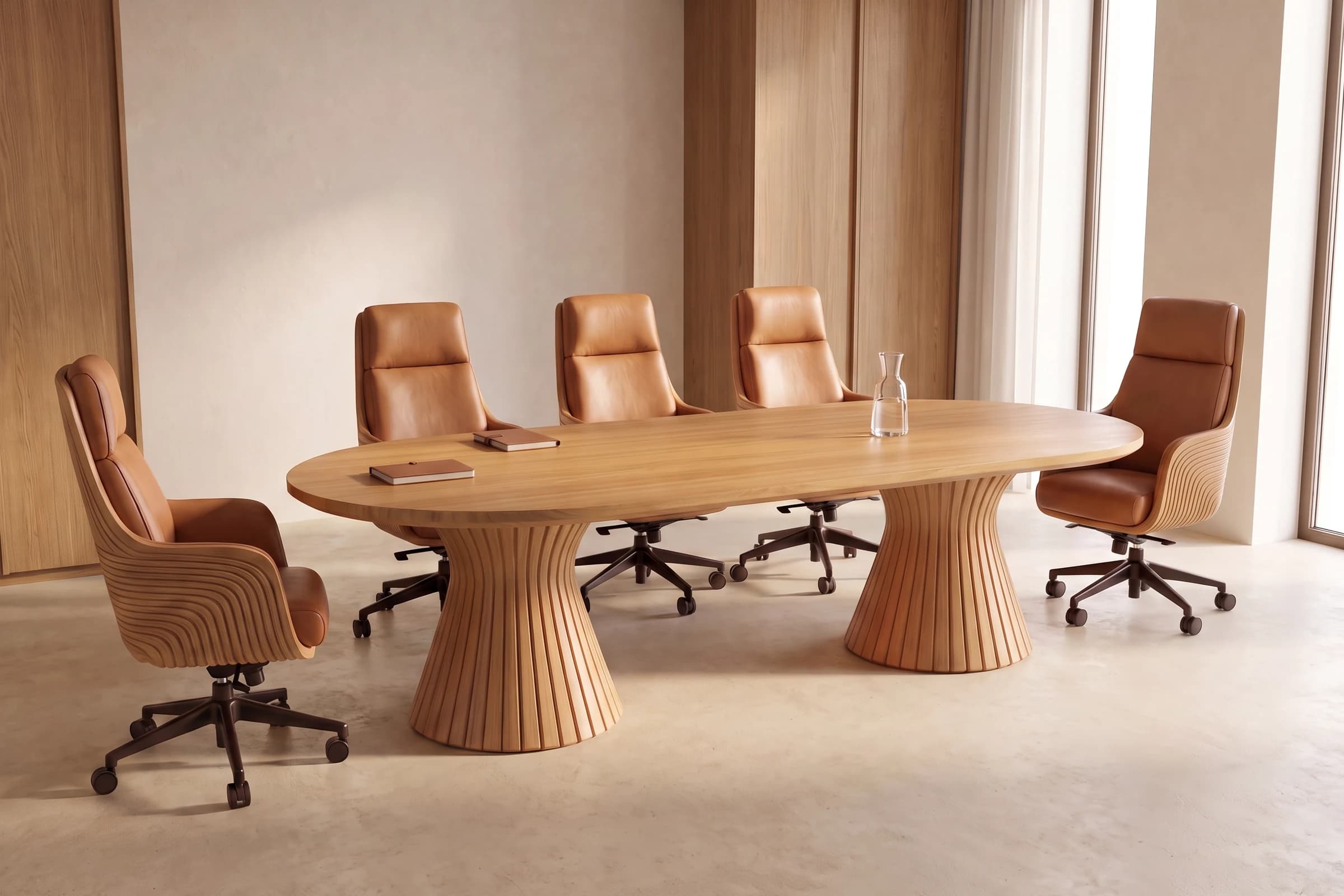 The Meeting Table in solid teak on two grooved columns, with Executive Chairs in leather in a light room