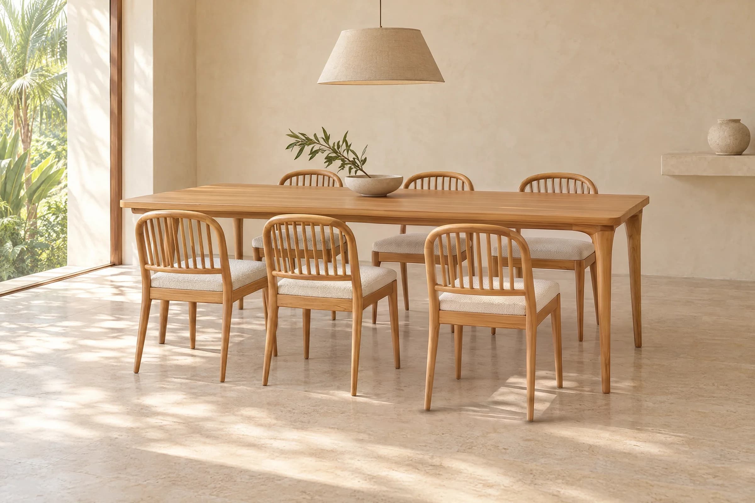 La Frame Dining Table de teca maciza con seis Side Chairs de respaldo de varillas, en una sala luminosa