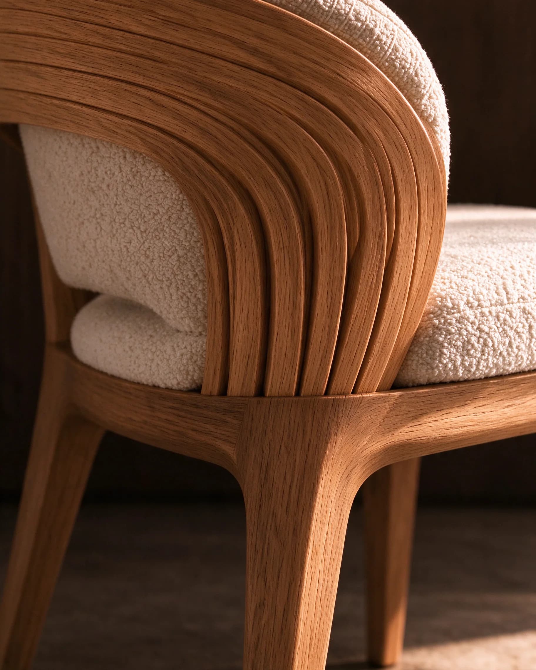 Hospitality Dining Chair, detail of the layered teak