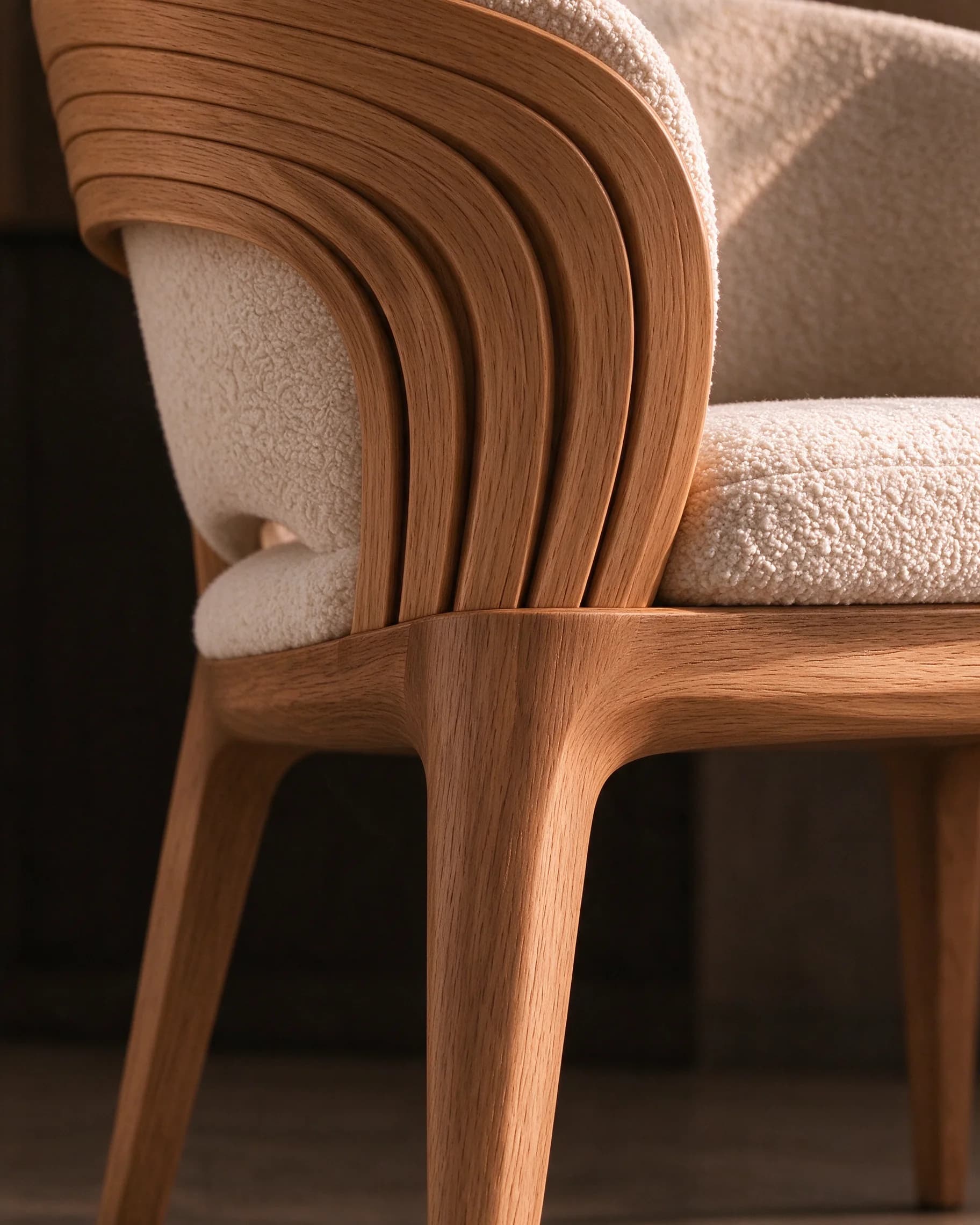 Hospitality Dining Chair, detail of the layered teak