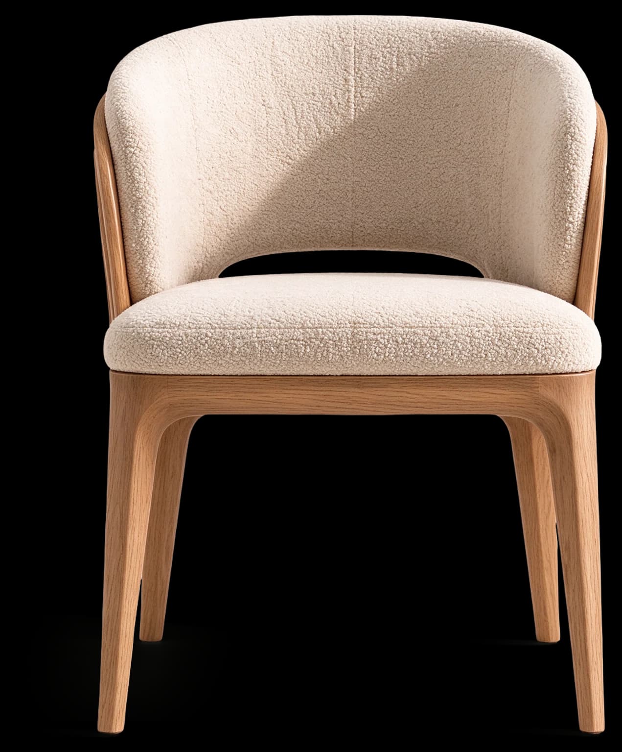 Hospitality Dining Chair in Light Oak with bouclé upholstery, front view