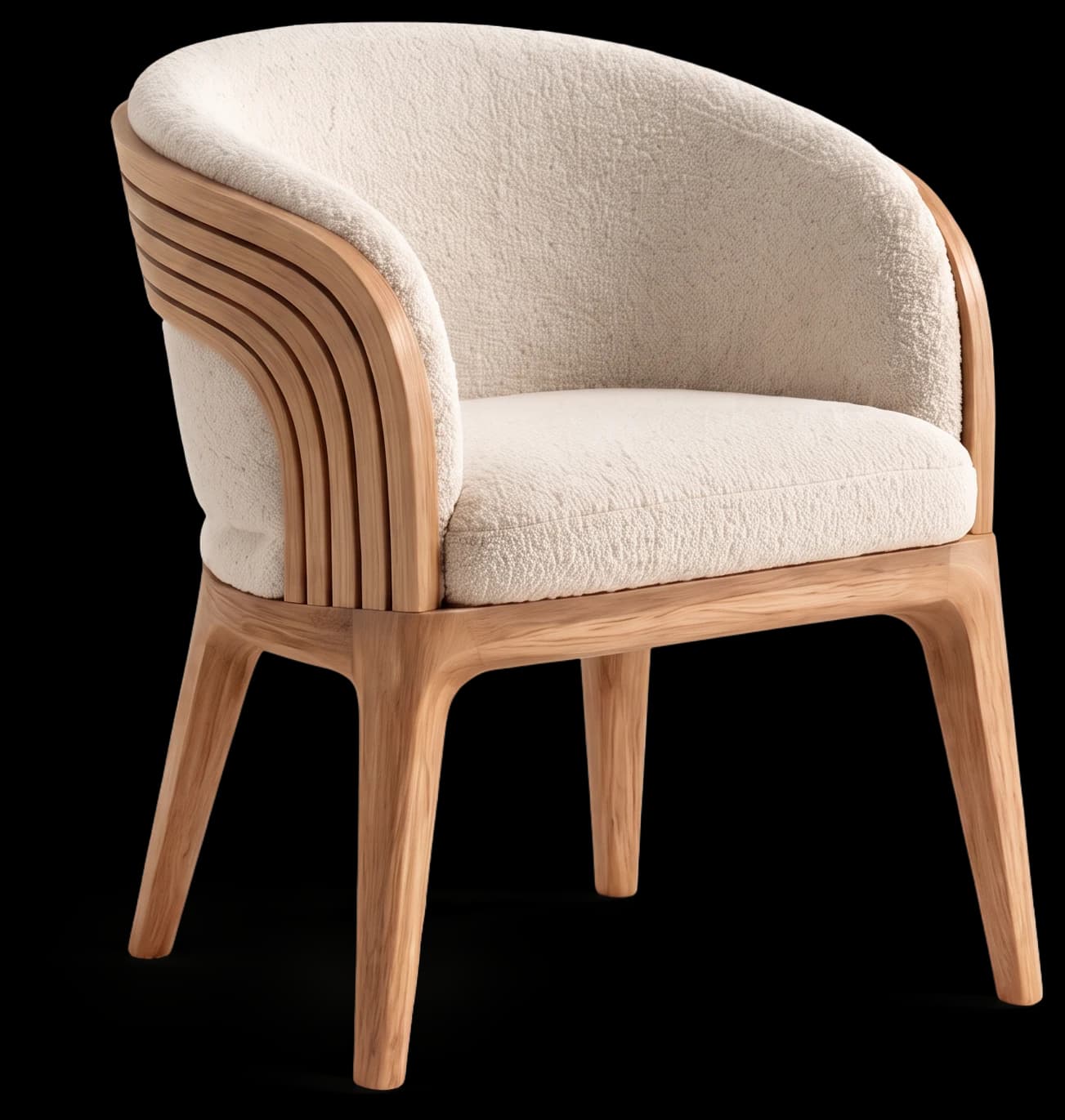 Hospitality Dining Chair in Light Oak with bouclé upholstery, three-quarter view