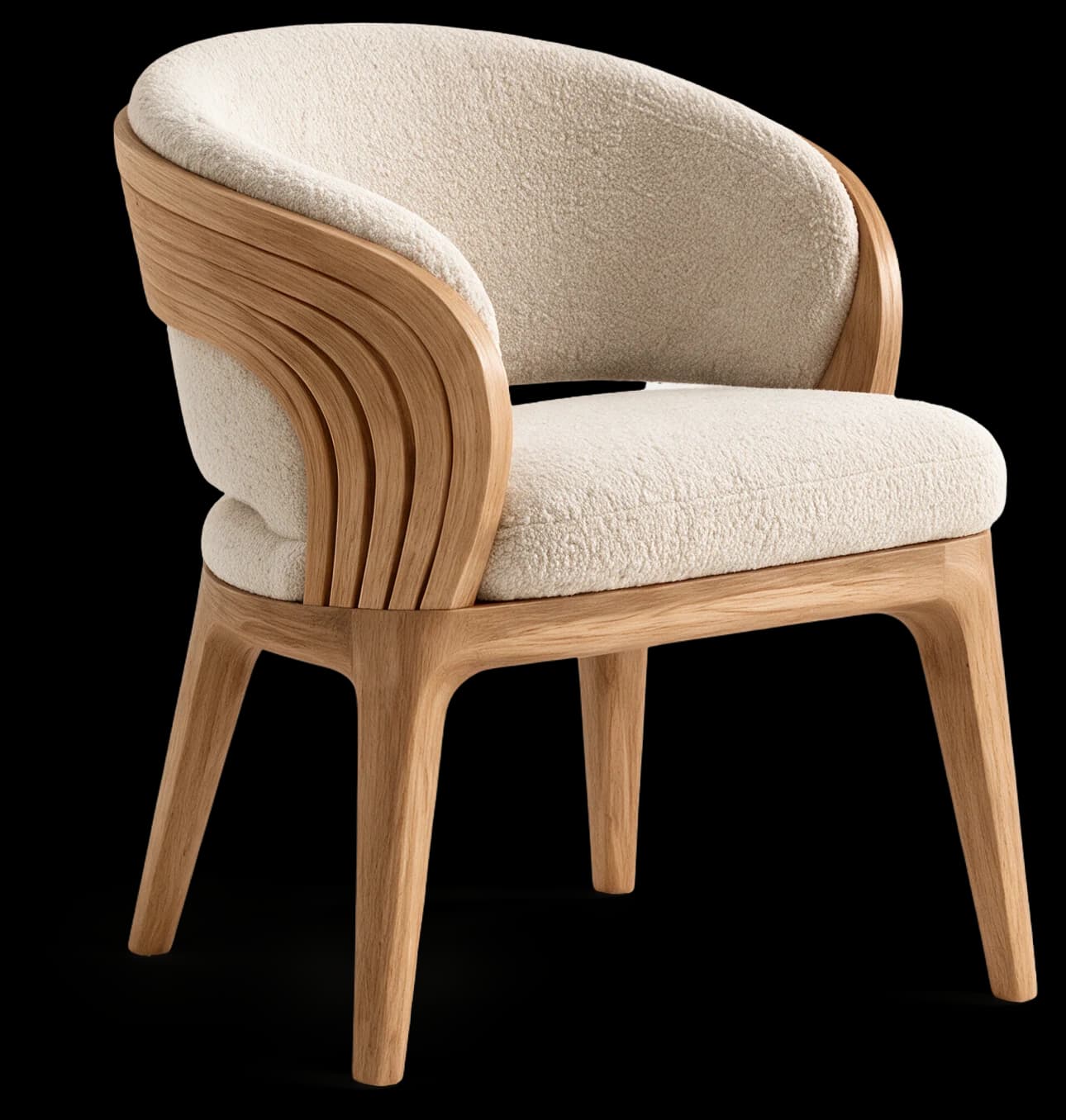 Hospitality Dining Chair in Light Oak with bouclé upholstery, three-quarter view