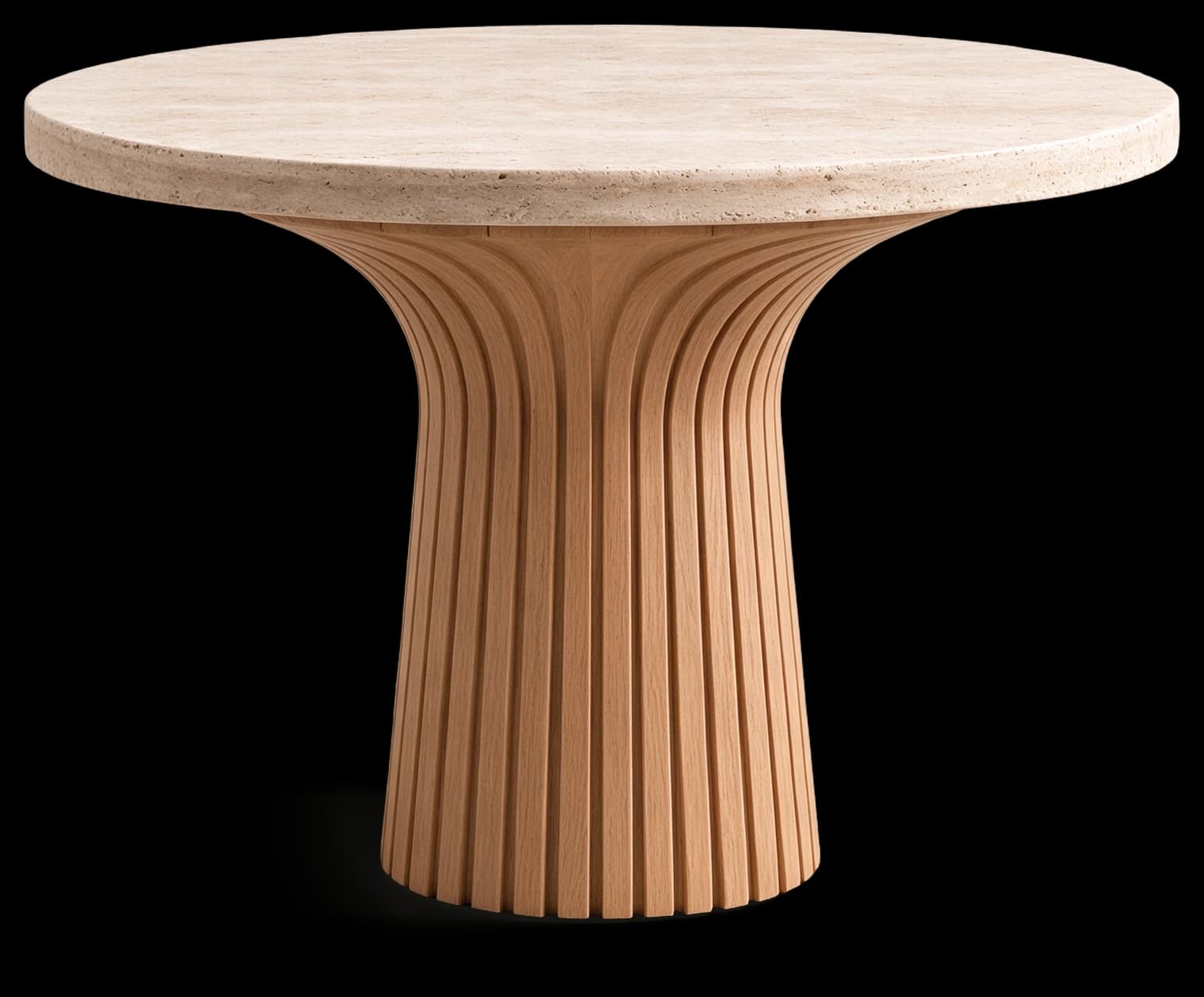 Restaurant Table with stone top on a layered teak base, front view