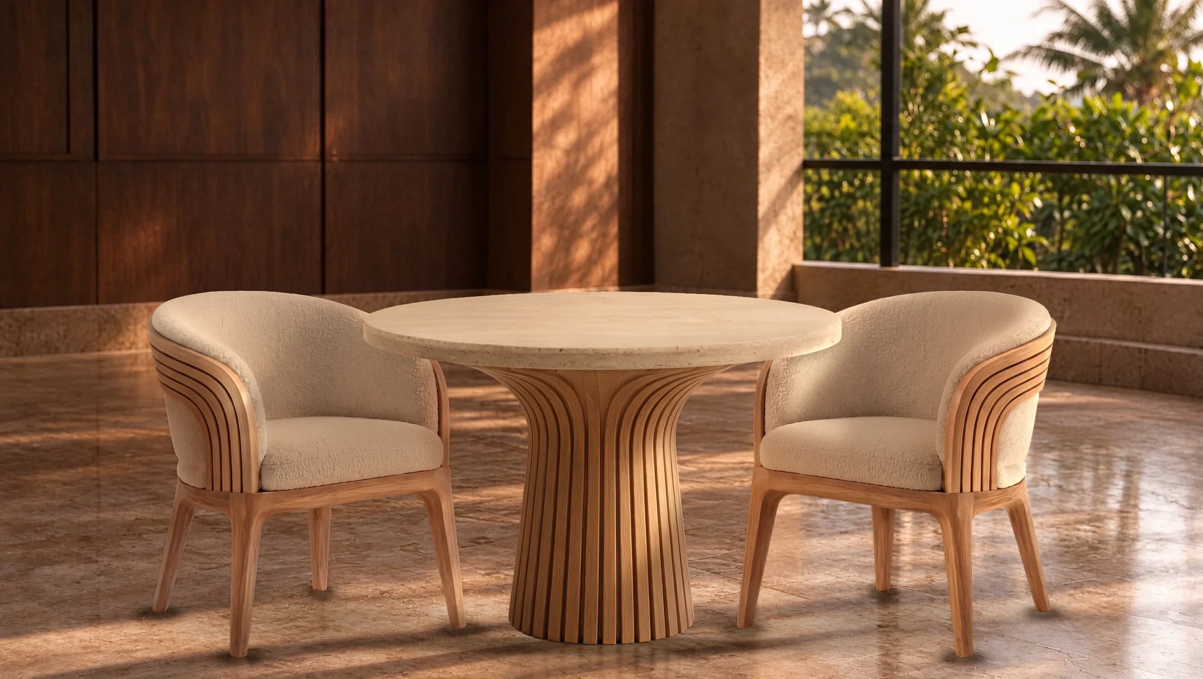 The Restaurant Table with a round travertine top on a grooved teak base, between two upholstered teak chairs