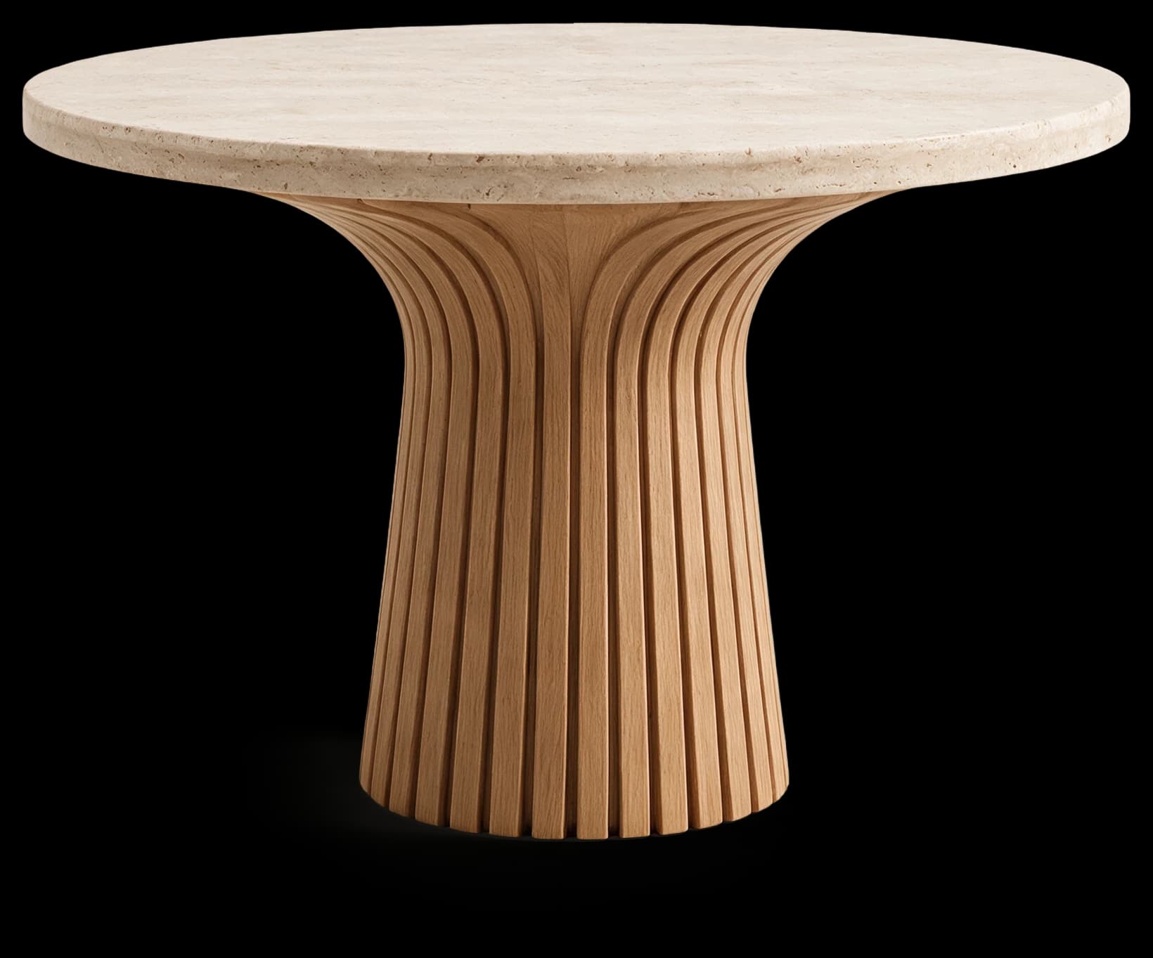 Restaurant Table with stone top on a layered teak base, three-quarter view