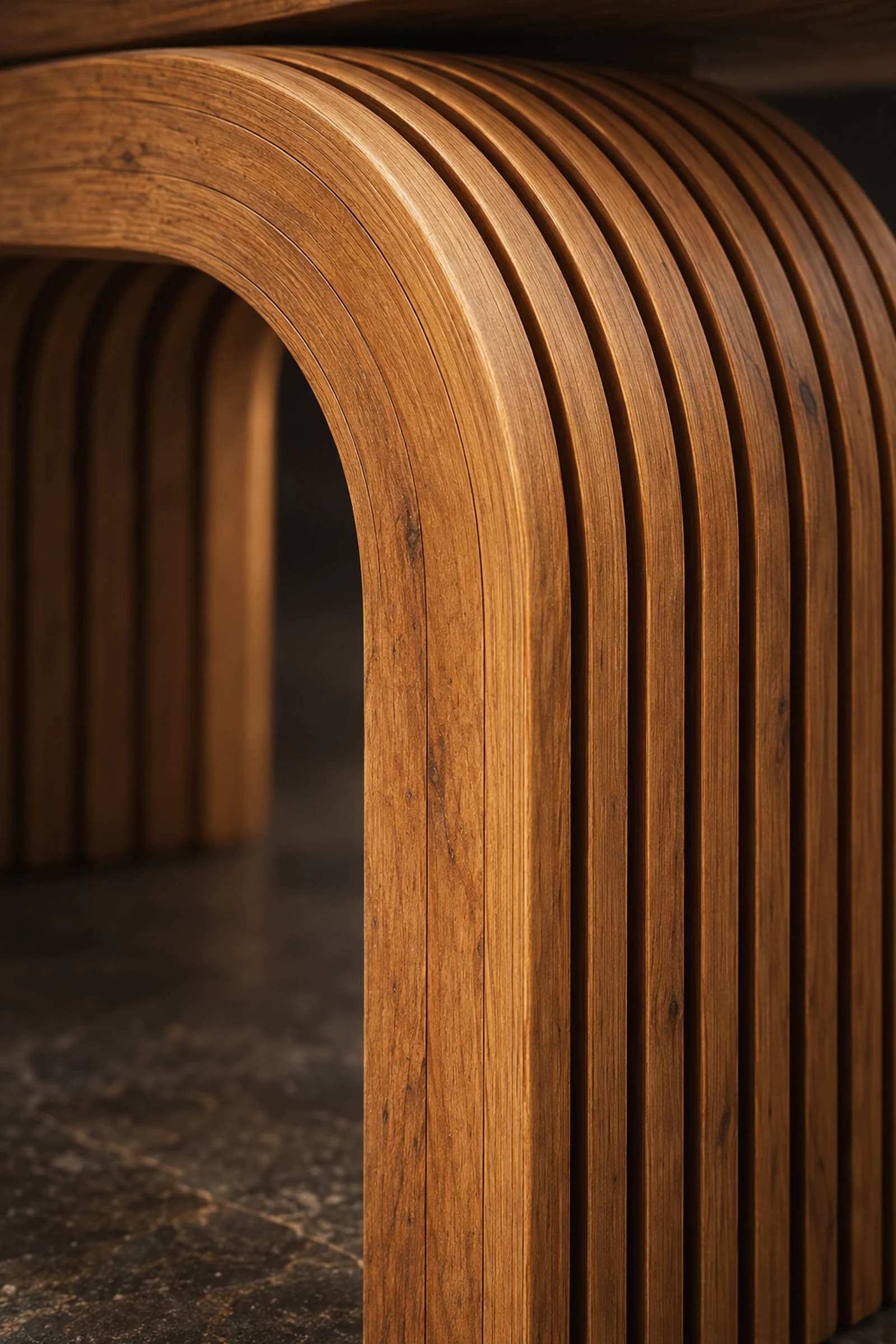 Arch Dining Table, detail of the teak fins over the arch