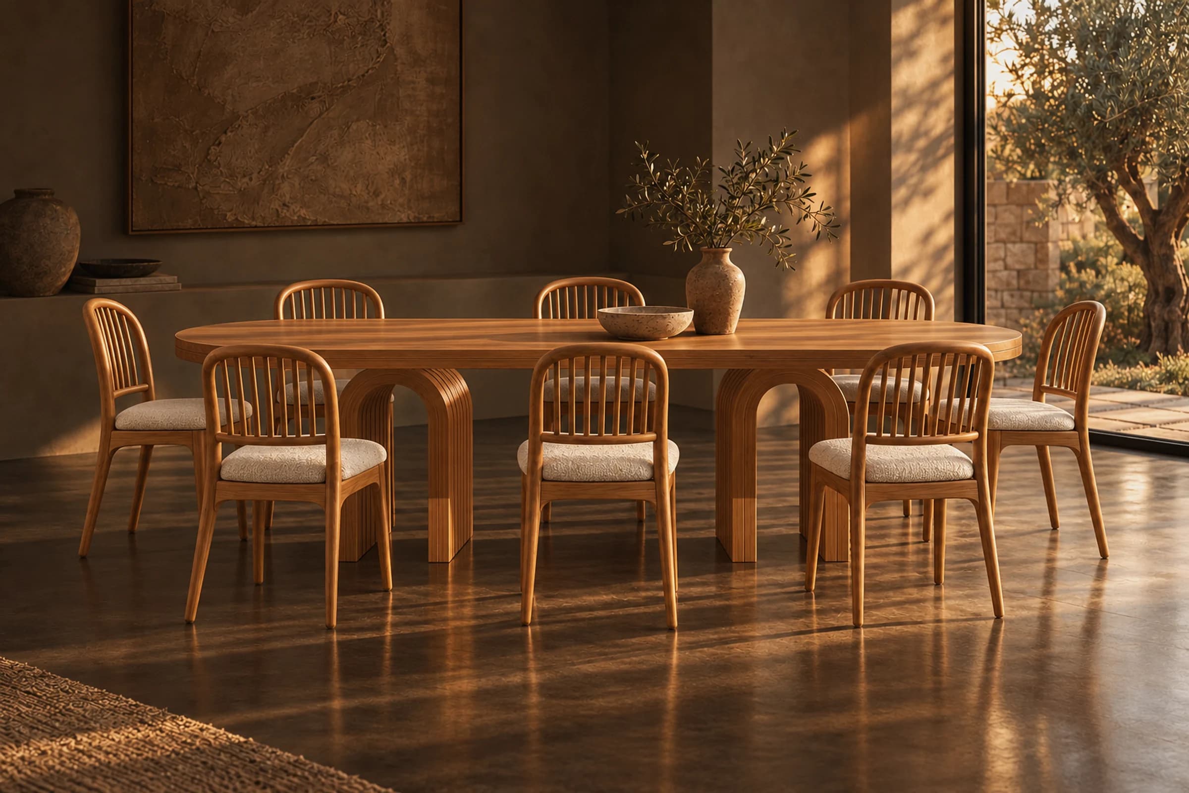 Arch Dining Table with eight side chairs in a dark dining room