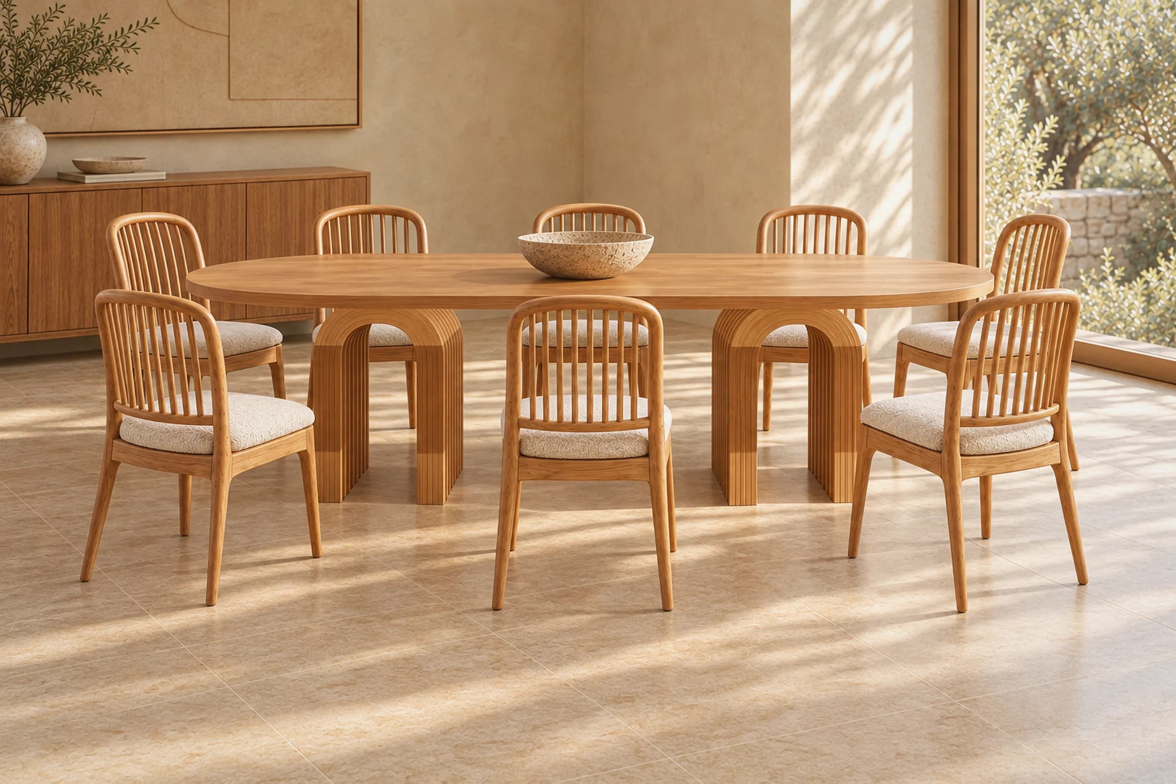 Arch Dining Table with eight side chairs in a light dining room