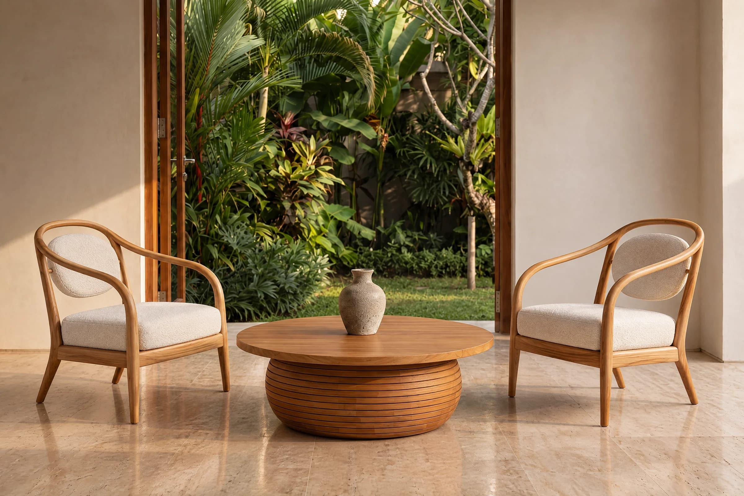 Zwei Easy Chairs aus Teak in elfenbeinfarbenem Bouclé zu beiden Seiten des runden Drum Coffee Table, Türen offen zum Garten