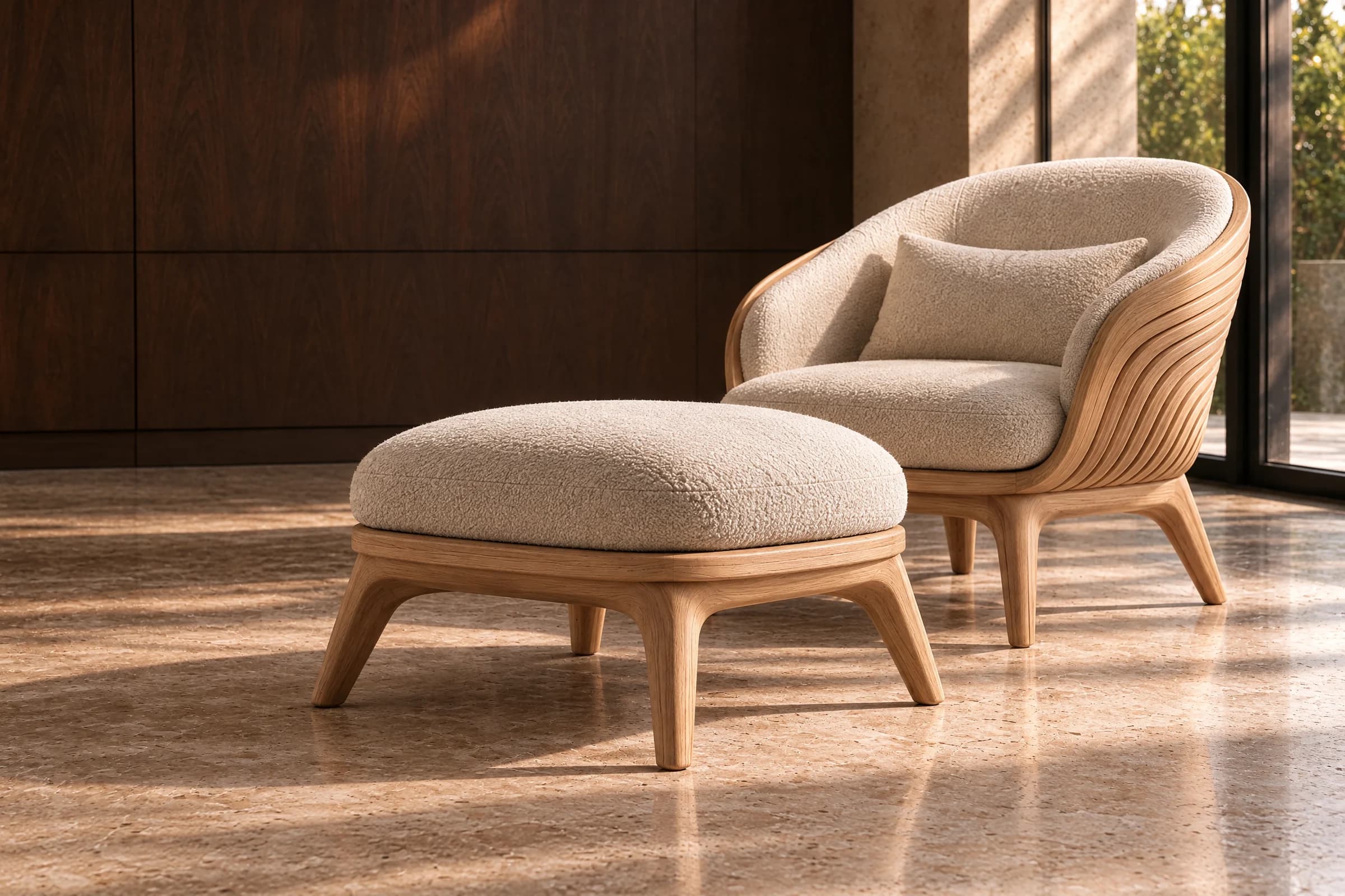 Lounge Chair with its Ottoman in ivory bouclé by a garden window