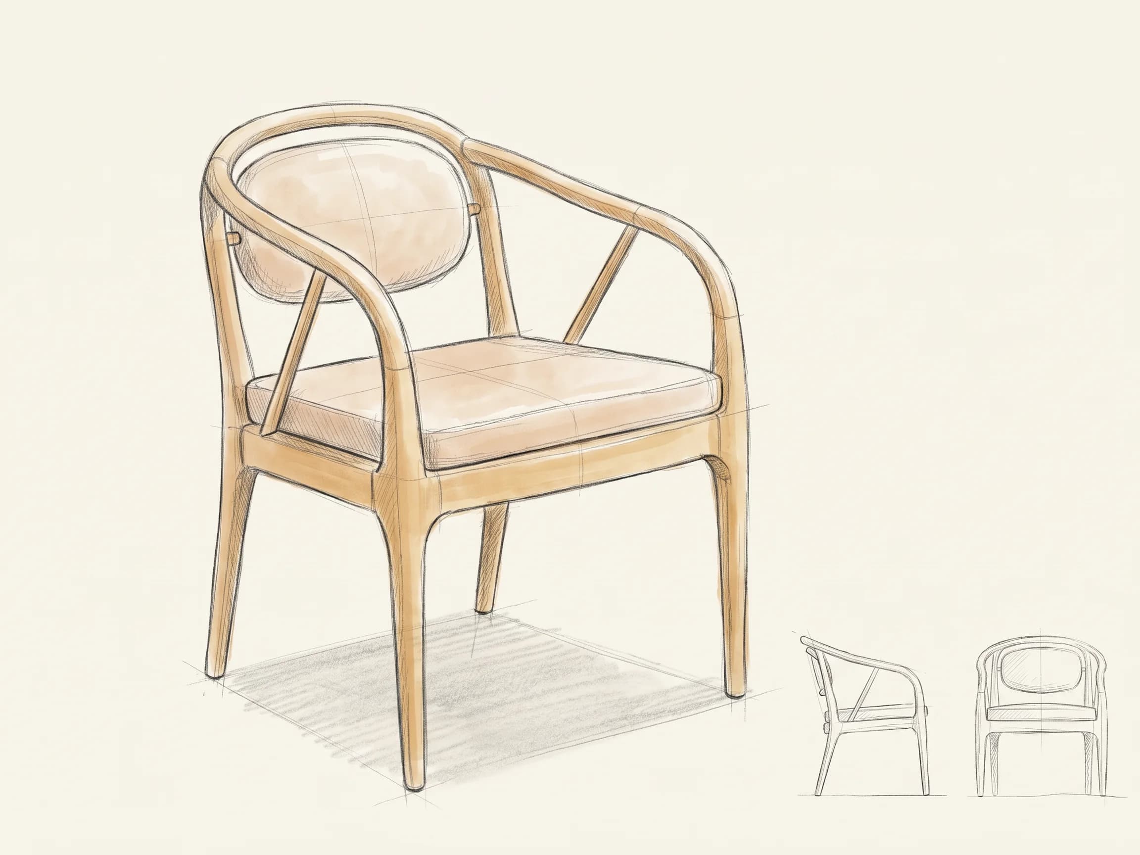 Pencil and watercolour sketch of the Armchair, with a side and a front view beside it